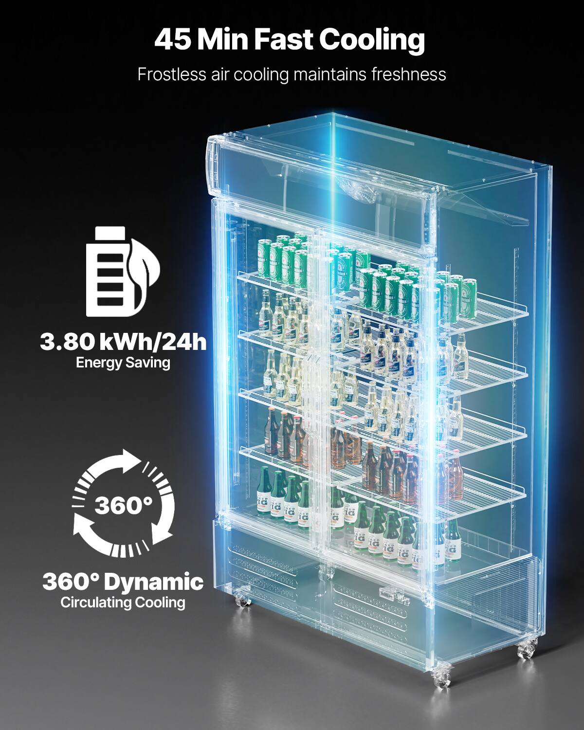 45 Min Fast Cooling Frostless air cooling maintains freshness

3.80 kWh/24h Energy Saving

360° Dynamic Circulating Cooling