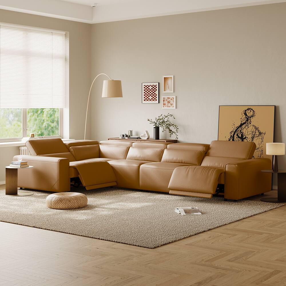 Left. POVISON - 141.14" Power Corner Sofa L-shaped Electric Reclining Couch, 2 Extendable Recliners, USB Charging, Living Room,Khaki - Khaki Sustainable Leather.