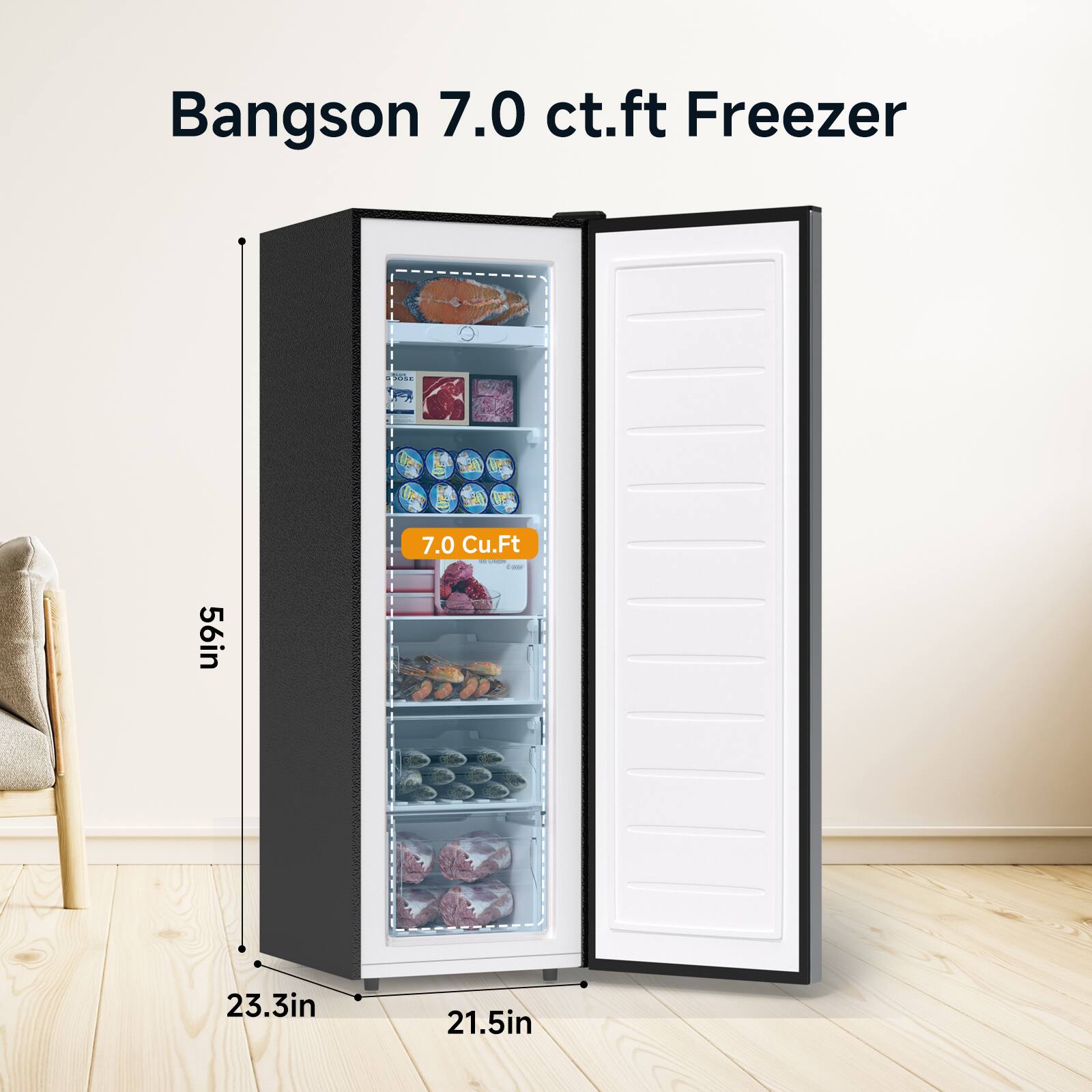 Bangson 7.0 ct.ft Freezer  
7.0 Cu.Ft  
56in x 23.3in x 21.5in