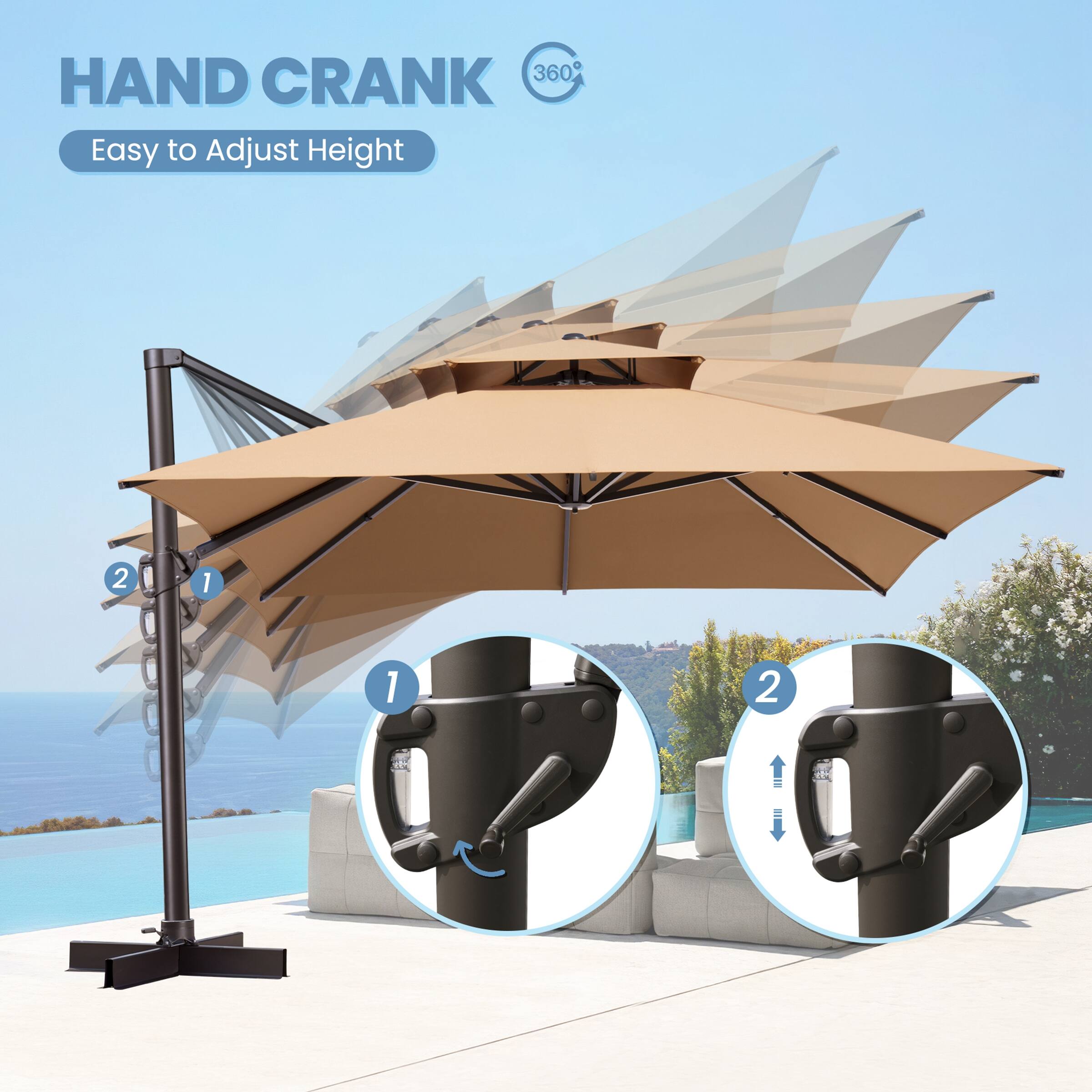 HAND CRANK  
Easy to Adjust Height  
360°  

1.  
2.