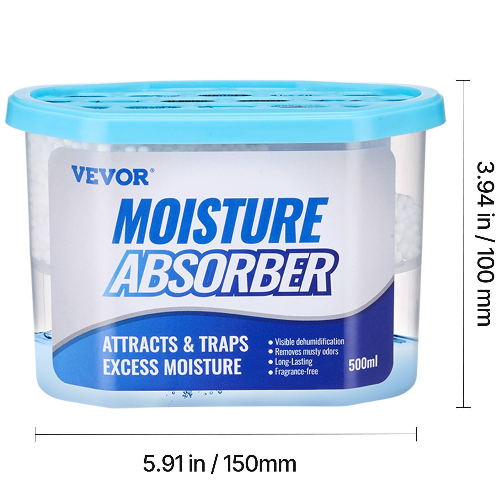 VEVOR MOISTURE ABSORBER  
Attracts & Traps Excess Moisture  
Visible Dehumidification  
Removes Musty Odors  
Long-Lasting  
Fragrance-Free  
500ml  
Dimensions: 3.94 in / 100 mm (height) x 5.91 in / 150 mm (diameter)