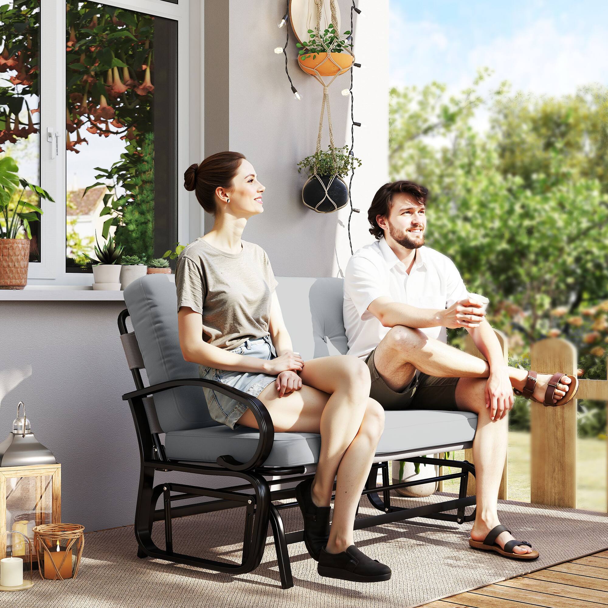 Alt View 1. Outsunny - Outdoor Glider Bench, 2-Person Patio Rocker Loveseat with Tufted Cushions, Steel Frame for Porch, Garden Backyard - Gray.