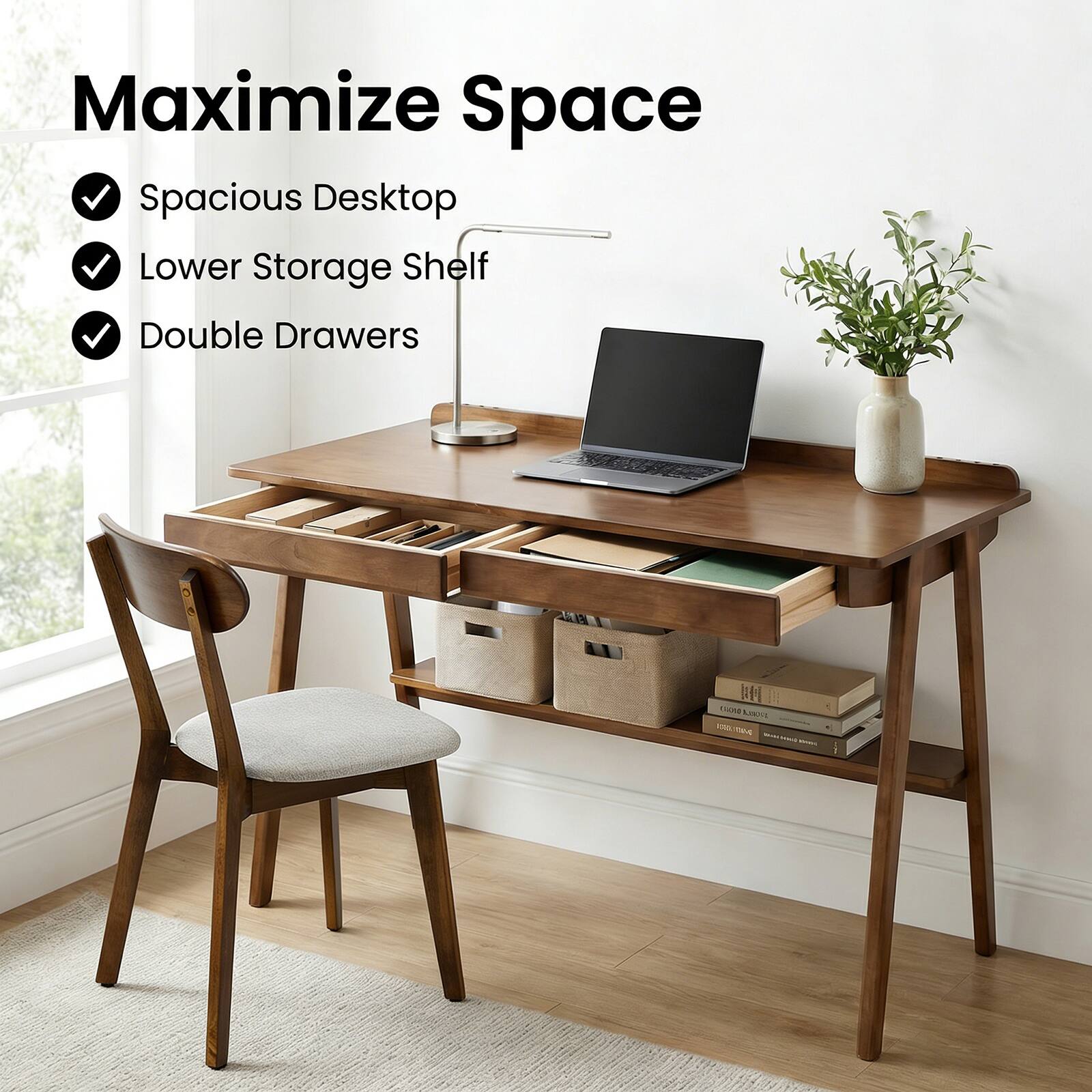 Maximize Space  
Spacious Desktop  
Lower Storage Shelf  
Double Drawers