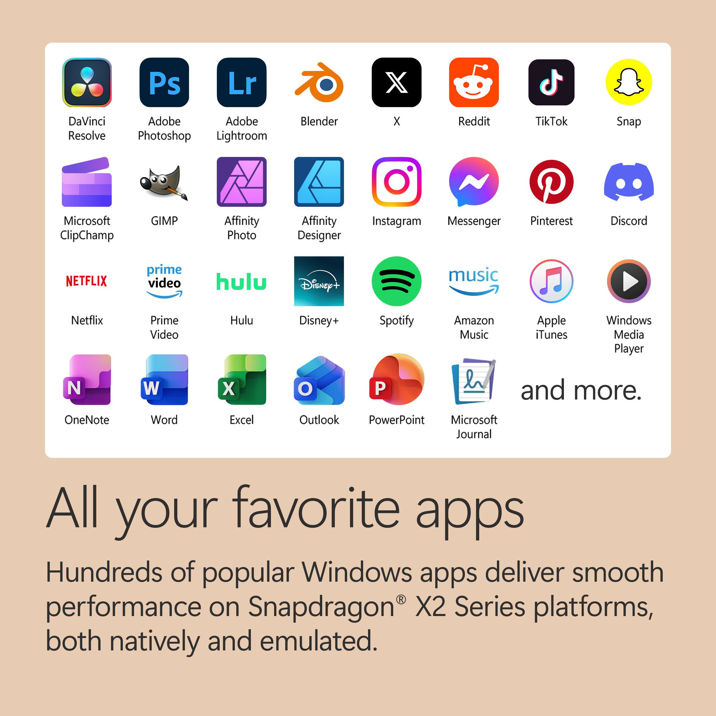 Ps Lr DaVinci Resolve Adobe Photoshop Lightroom Blender X Reddit TikTok Snap Microsoft ClipChamp GIMP Affinity Photo Affinity Designer Instagram Messenger Pinterest Discord NETFLIX Prime Video Hulu Disney+ Spotify Amazon Music Apple iTunes Windows Media Player OneNote Word Excel Outlook PowerPoint Microsoft Journal and more. All your favorite apps Hundreds of popular Windows apps deliver smooth performance on Snapdragon X2 Series platforms, both natively and emulated.