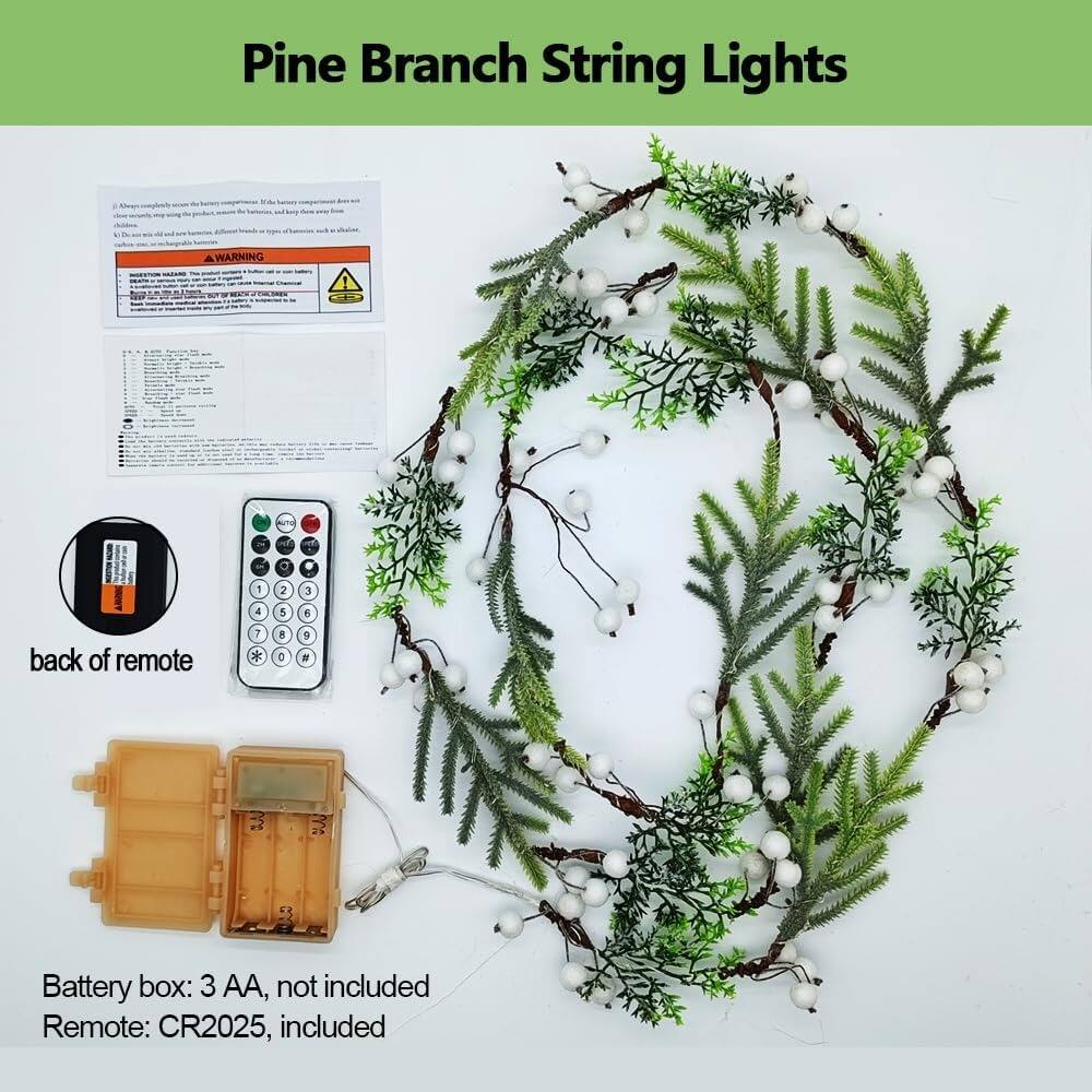 Pine Branch String Lights

WARNING

back of remote

Battery box: 3 AA, not included

Remote: CR2025, included