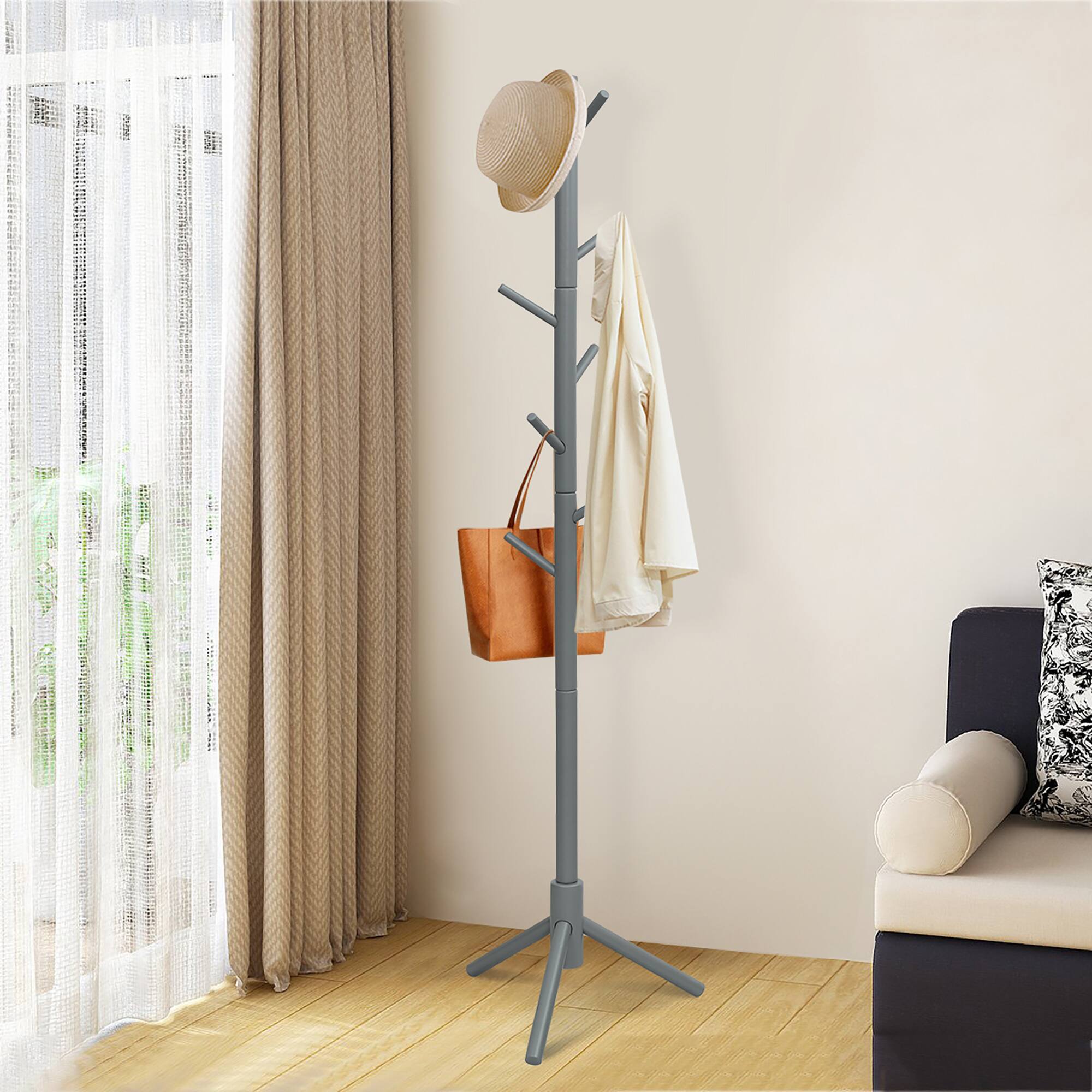 Alt View 1. Costway - Costway Wooden Coat Rack Stand Hall Tree Entryway Organizer 2 Heights w/ 8 Hooks - Gray.