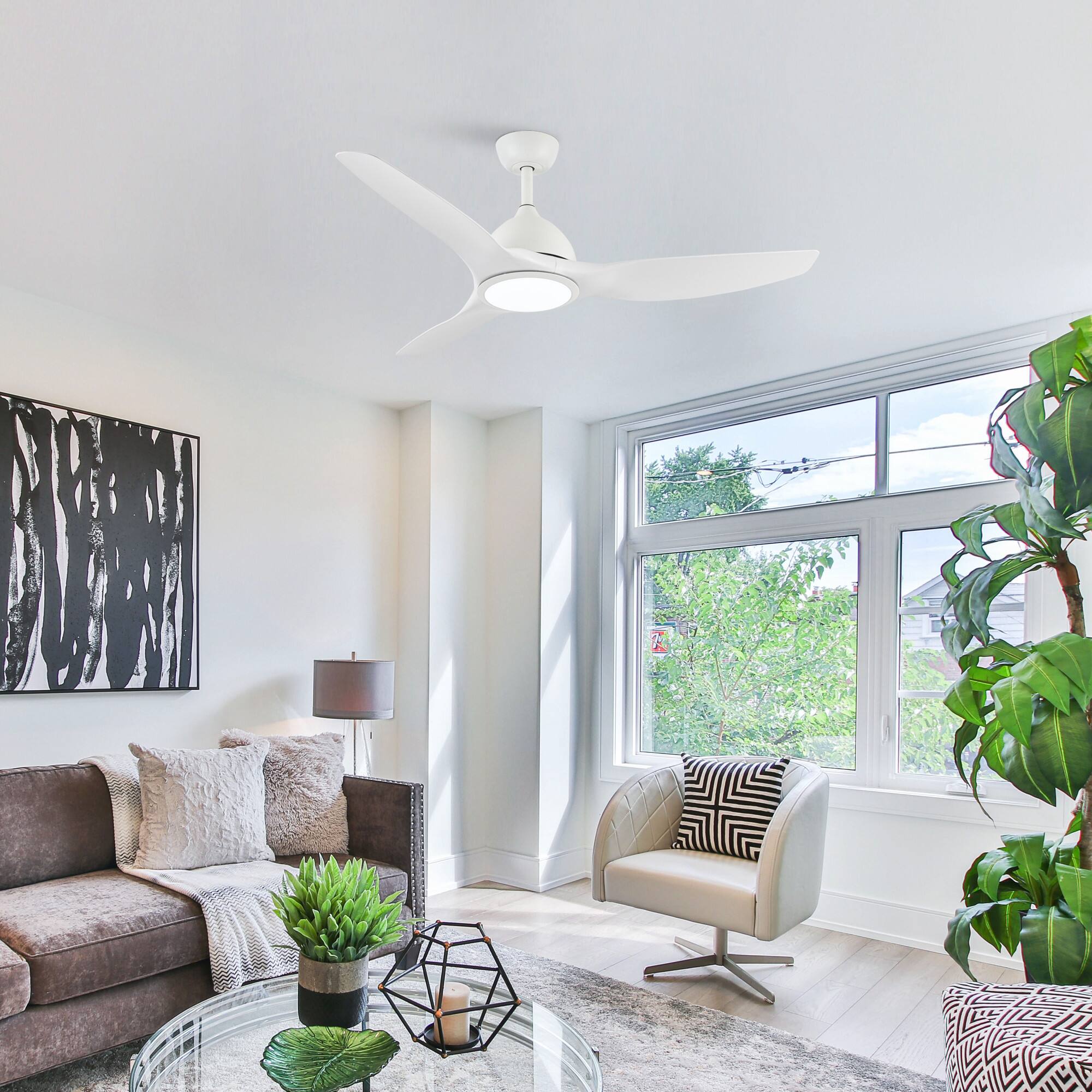 Left. Vaczon - 52" Modern White Integrated LED Propeller Ceiling Fan with Remote - White.