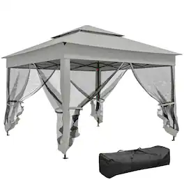 Outsunny - Outdoor Patio Pop Up Canopy Gazebo Shelter with Zipper Netting, Carry Bag, 11' x 11' - Light Gray