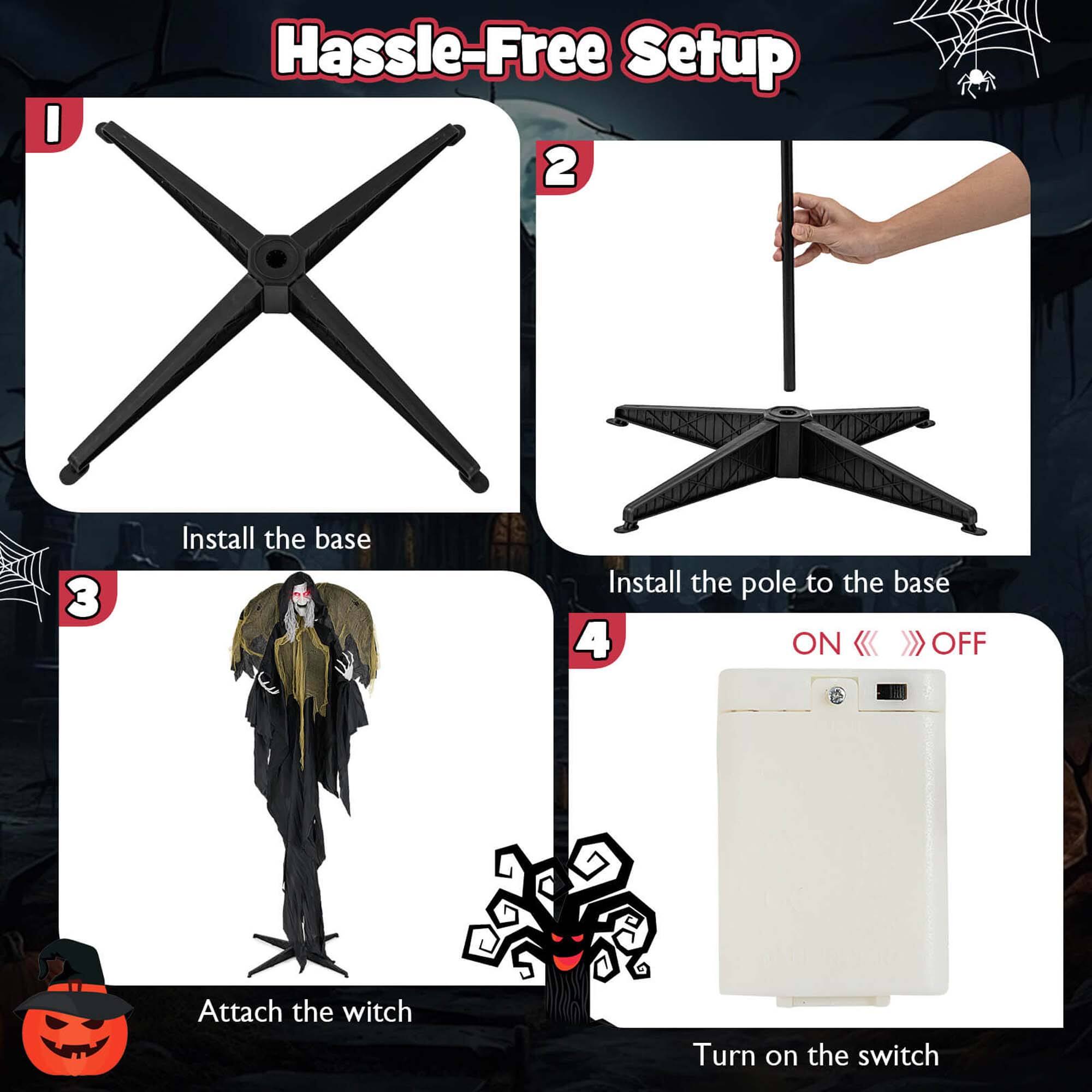 Here is the corrected and grouped text:

1. Install the base
2. Install the pole to the base
3. Attach the witch
4. Turn on the switch