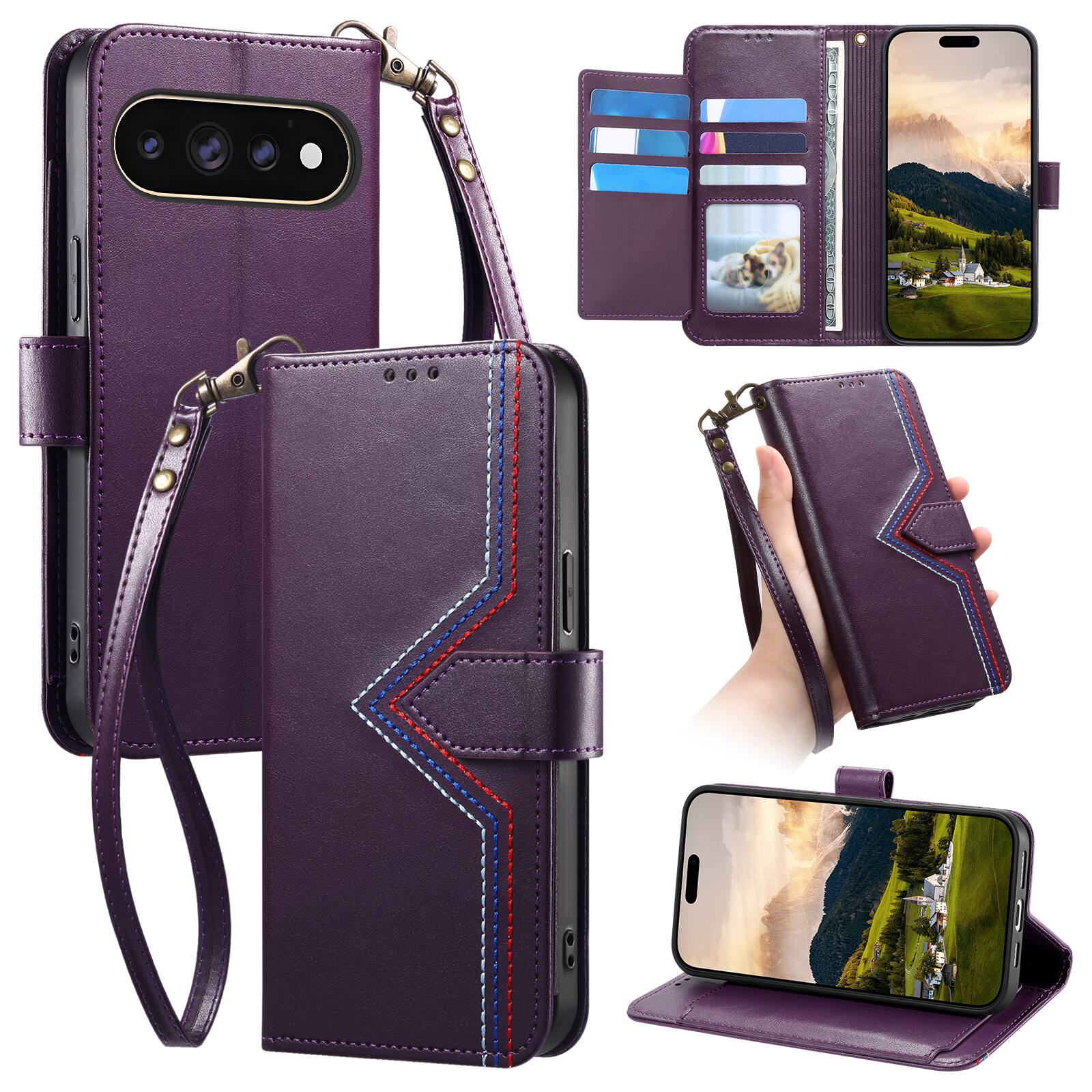 Dteck - Wallet Phone Case for Google Pixel 11 Pro XL with Wrist Strap, Slim Shockproof Leather Kickstand Folio Protective Cover - Purple
