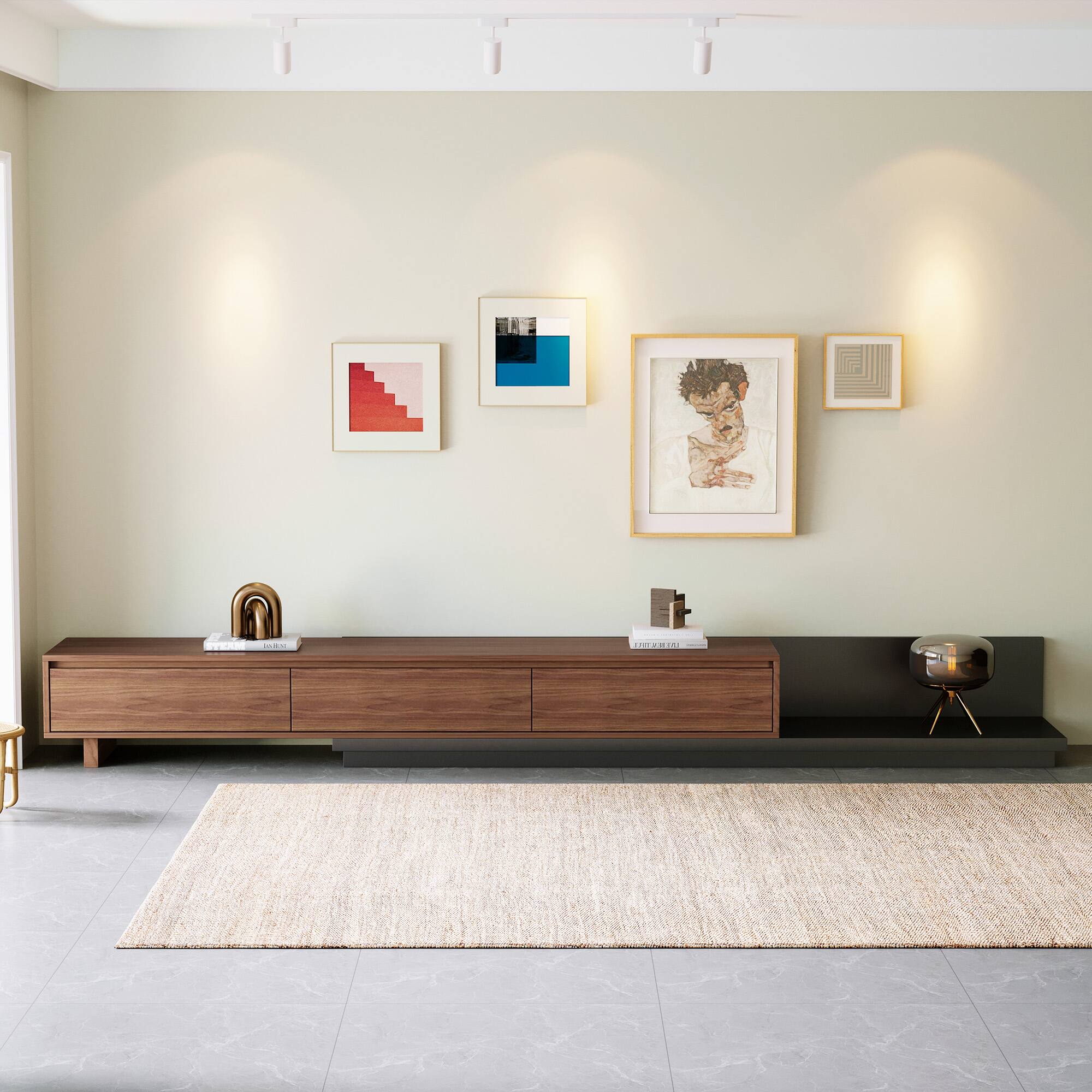 Left. luck idea - Modern 78.7-Inch Expandable TV Stand with Three Storage Drawers and Wood Grain Decorative Surface - Walnut color.