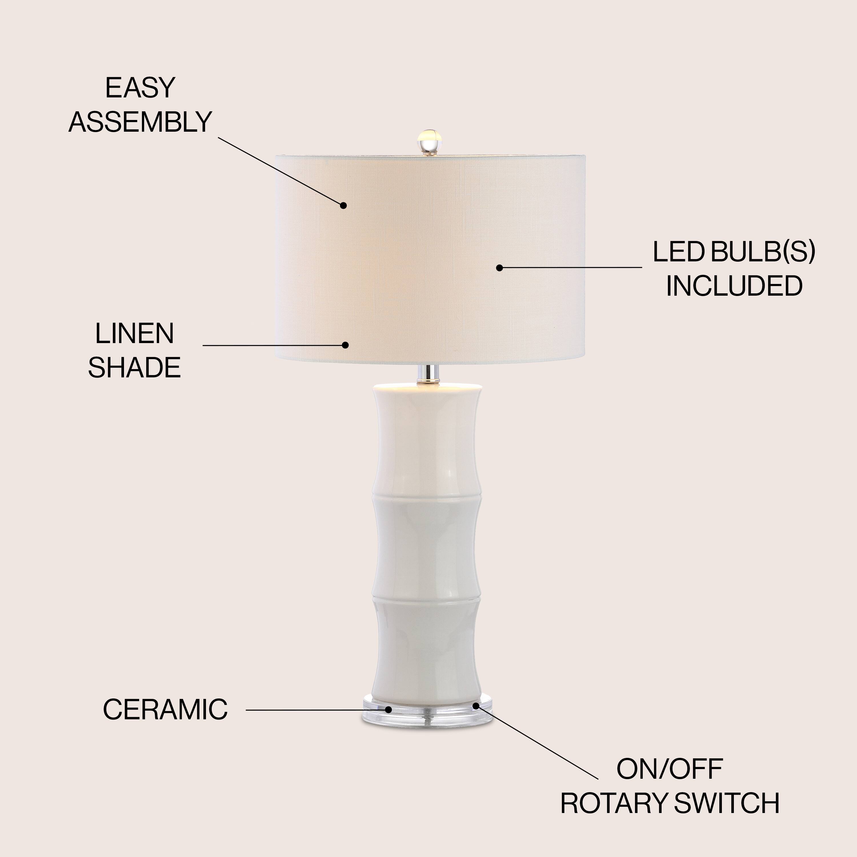 - EASY ASSEMBLY
- LINEN SHADE
- LED BULB(S) INCLUDED
- CERAMIC
- ON/OFF ROTARY SWITCH