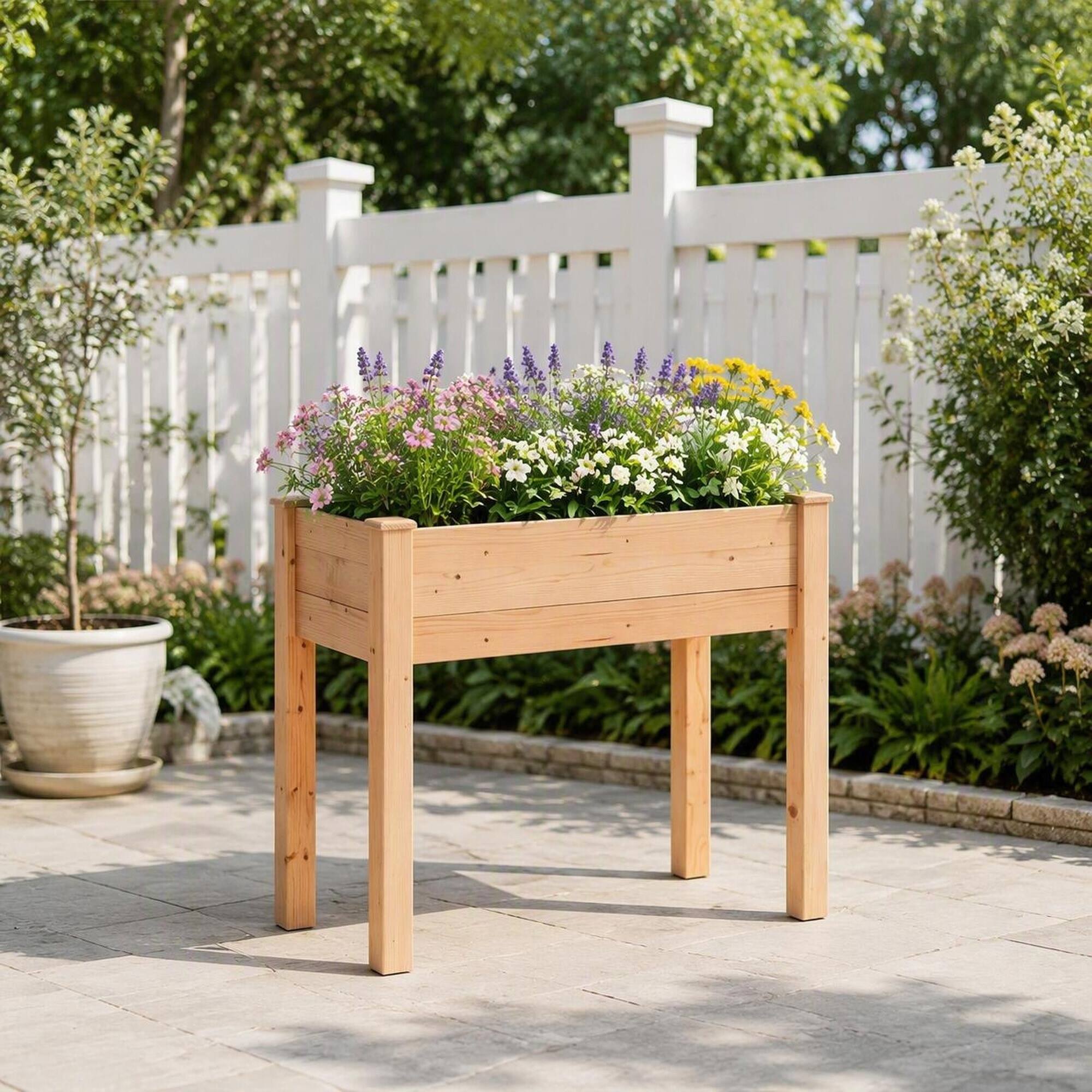 Back. RYHNUYNE - Raised Wooden Planter Box on Legs for Vegetables and Flowers, Natural Fir Garden Bed with Self-Draining Slats - Natural Wood.