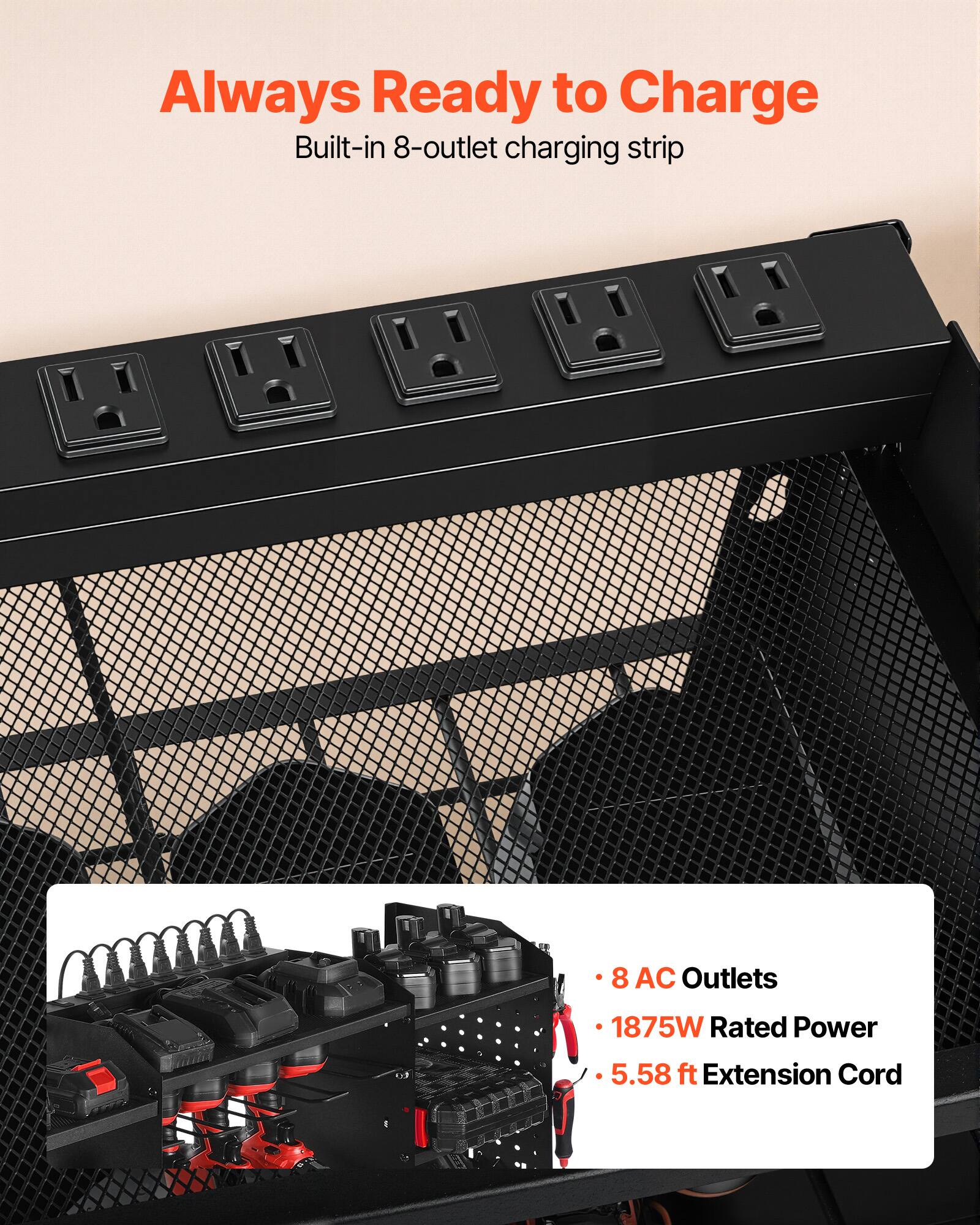 Always Ready to Charge  
Built-in 8-outlet charging strip  

- 8 AC Outlets  
- 1875W Rated Power  
- 5.58 ft Extension Cord
