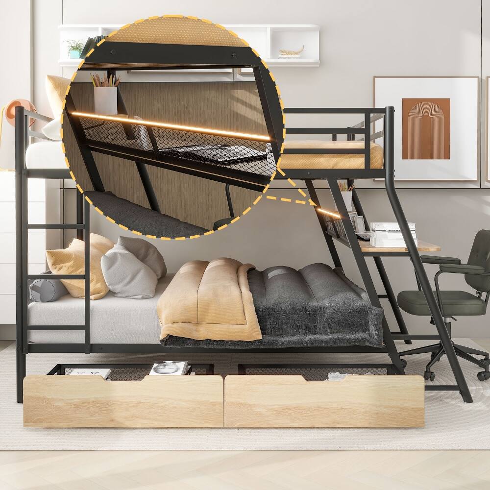 Alt View 8. Loheer - Loheer Full Size Metal Bunk Bed with Built-in Desk, Light and 2 Drawers, Black - Black.