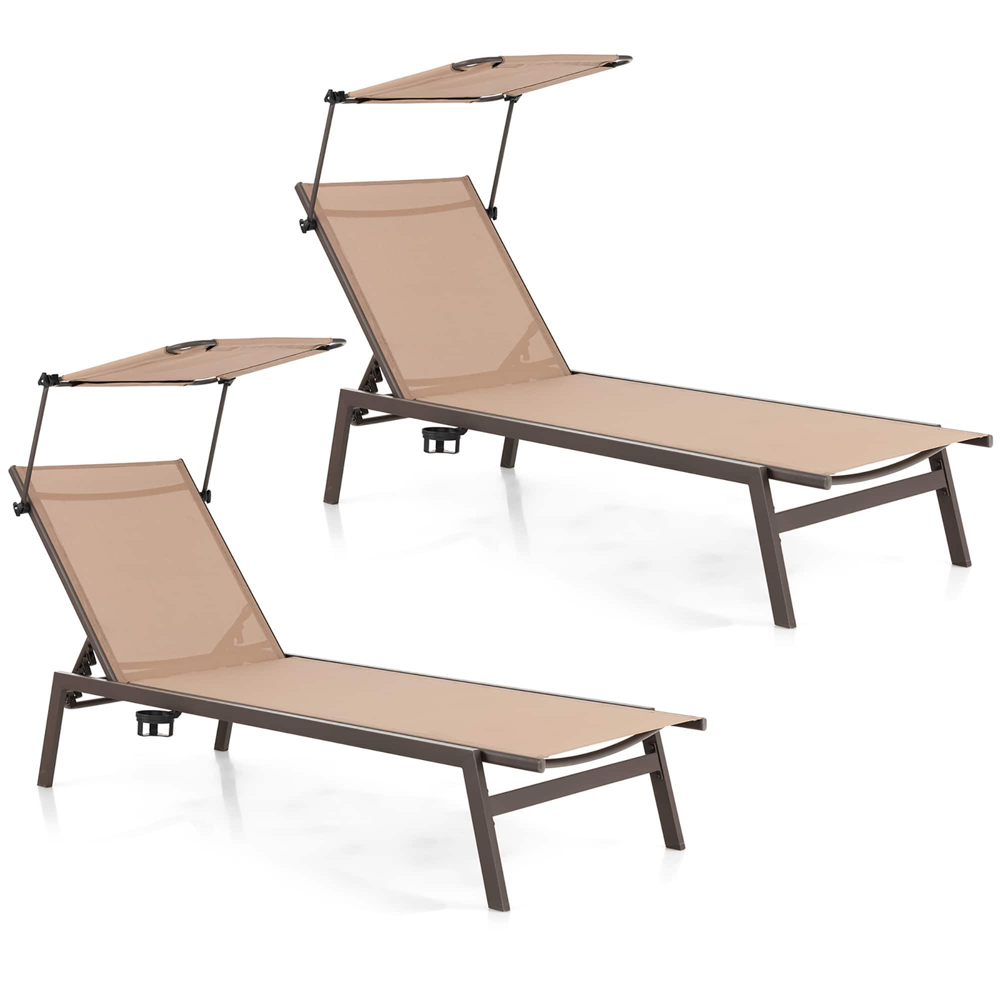 Costway - 2 PCS Outdoor Chaise Lounge Chair with Sunshade 6-Level Adjustable Recliner - Brown