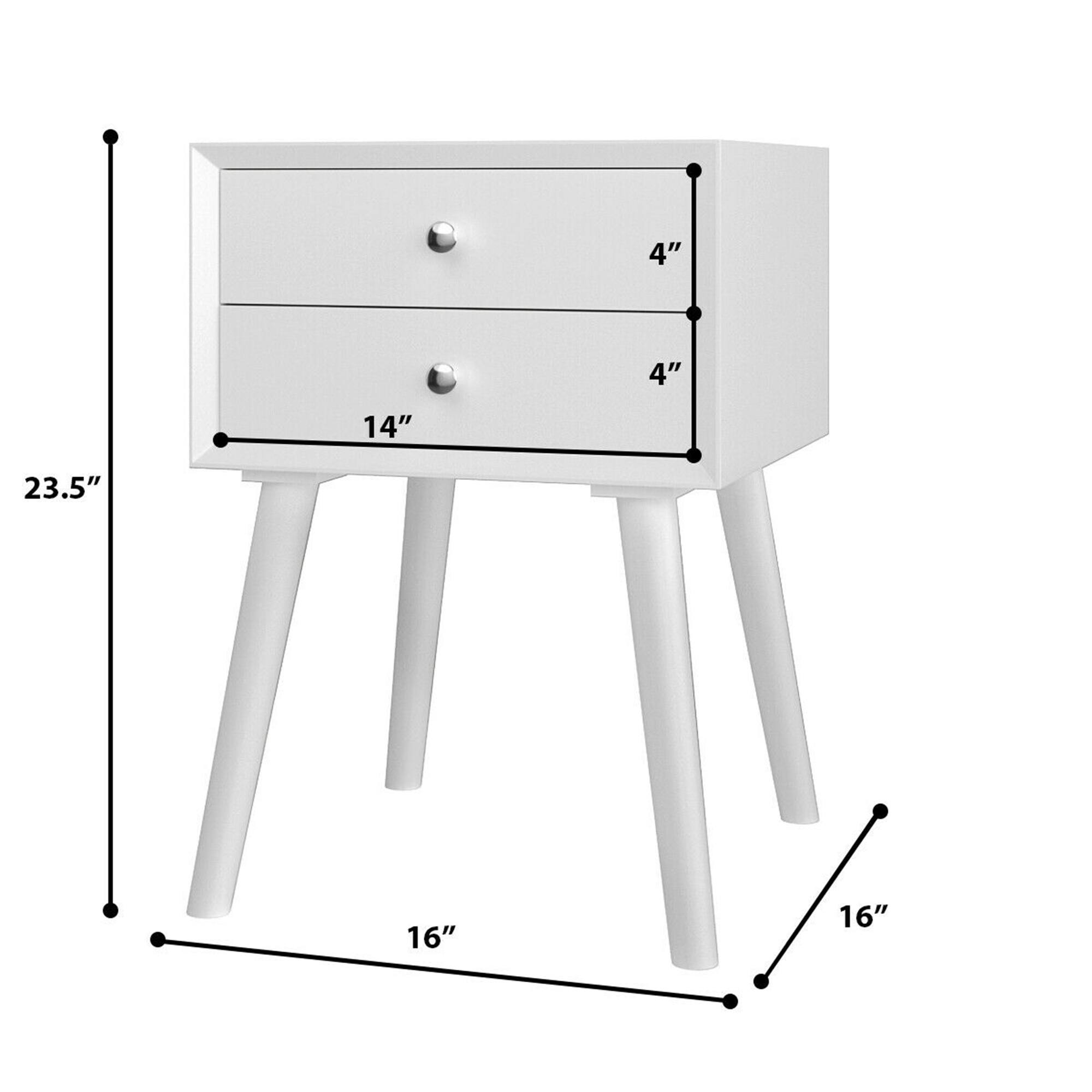 The dimensions of the object in the image are:

- Width: 14"
- Depth: 16"
- Height: 23.5"
- Drawer height: 4"
- Leg width: 4"