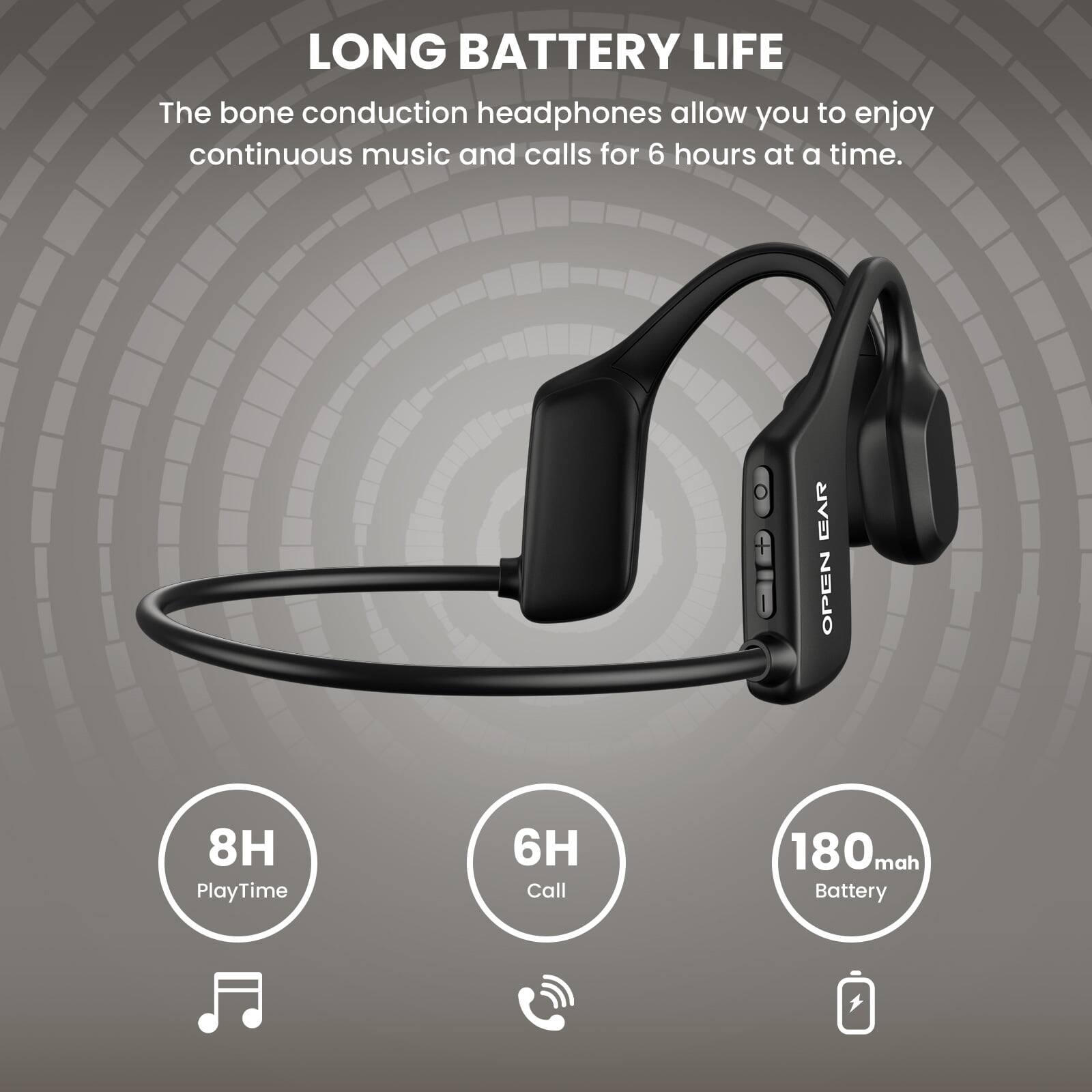 LONG BATTERY LIFE

The bone conduction headphones allow you to enjoy continuous music and calls for 6 hours at a time.

8H PlayTime

6H Call

180 mah Battery