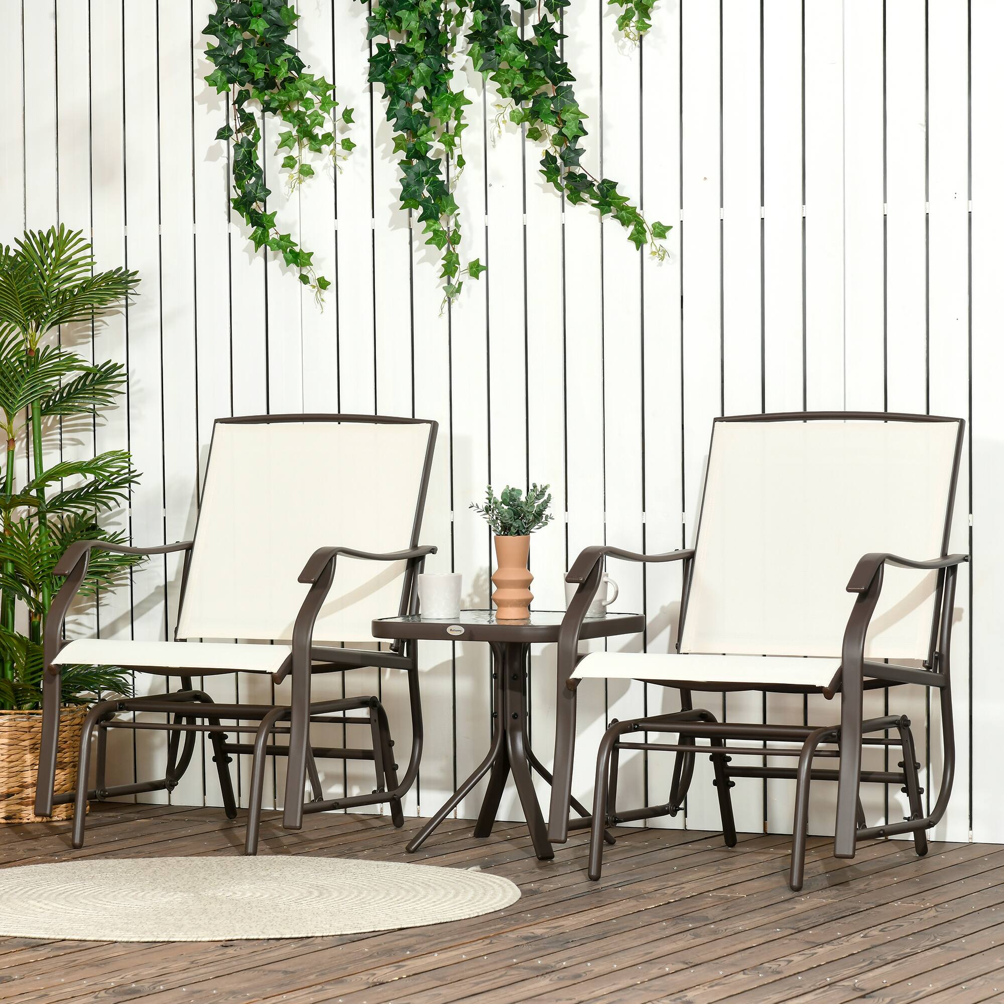 Angle. Outsunny - 3 Piece Outdoor Glider Chair with Coffee Table Bistro Set, 2 Patio Rocking Swing Chairs with Breathable Sling Fabric - Cream White.