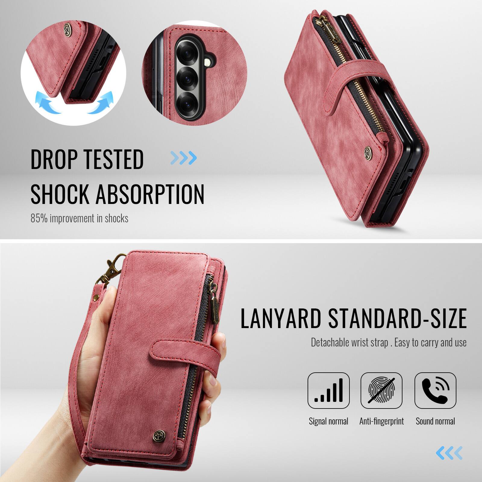 DROP TESTED >>> SHOCK ABSORPTION  
85% improvement in shocks  

LANYARD STANDARD-SIZE  
Detachable wrist strap  
Easy to carry and use  

Signal normal  
Anti-fingerprint  
Sound normal