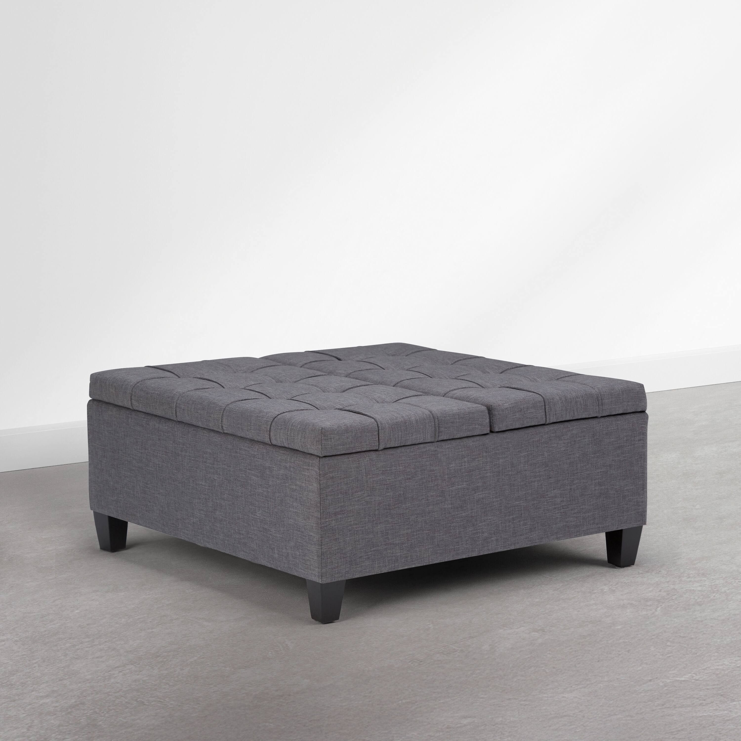 Angle. Simpli Home - Harrison 36 inch Wide Upholstered Solid Wood Square Storage Ottoman, Flint Grey - Flint Grey.