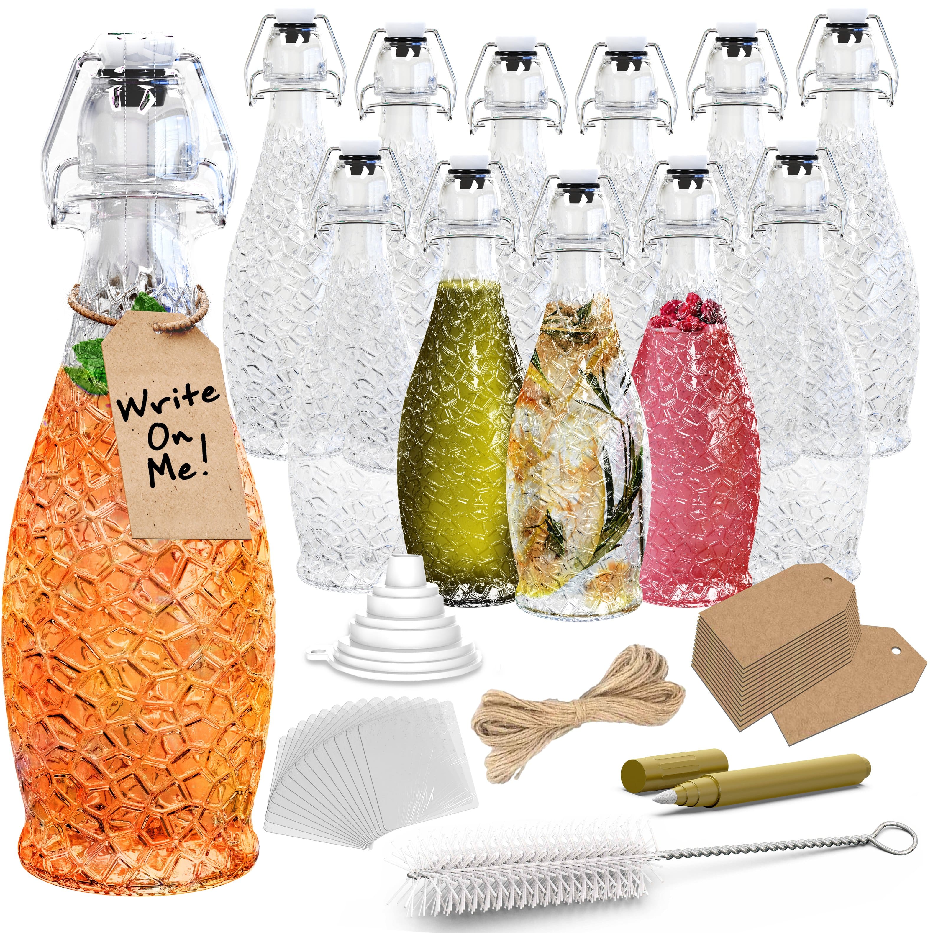 Nevlers - 17 Oz. Textured Swing Top Glass Bottles with Bottle Brush, Funnel, Tags, Shrink Wrap and Glass Marker (Set of 12) - Clear