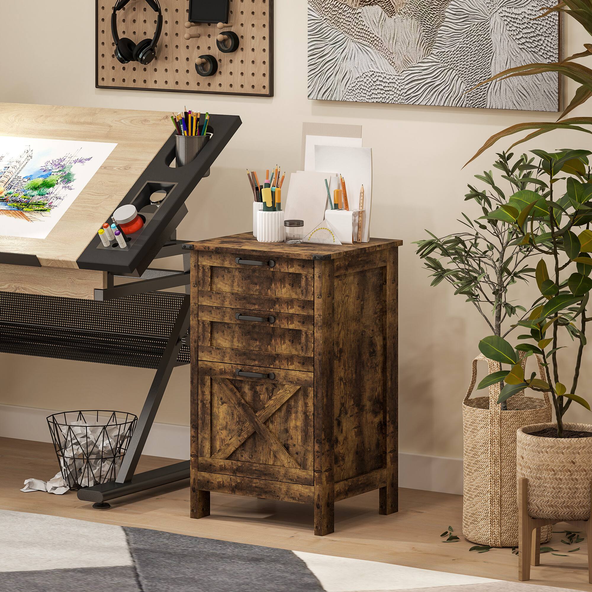 Alt View 8. Homcom - 3 Drawer Vertical Filing Cabinet with Silent Slides, Farmhouse Printer Stand for A4 Letter Size.