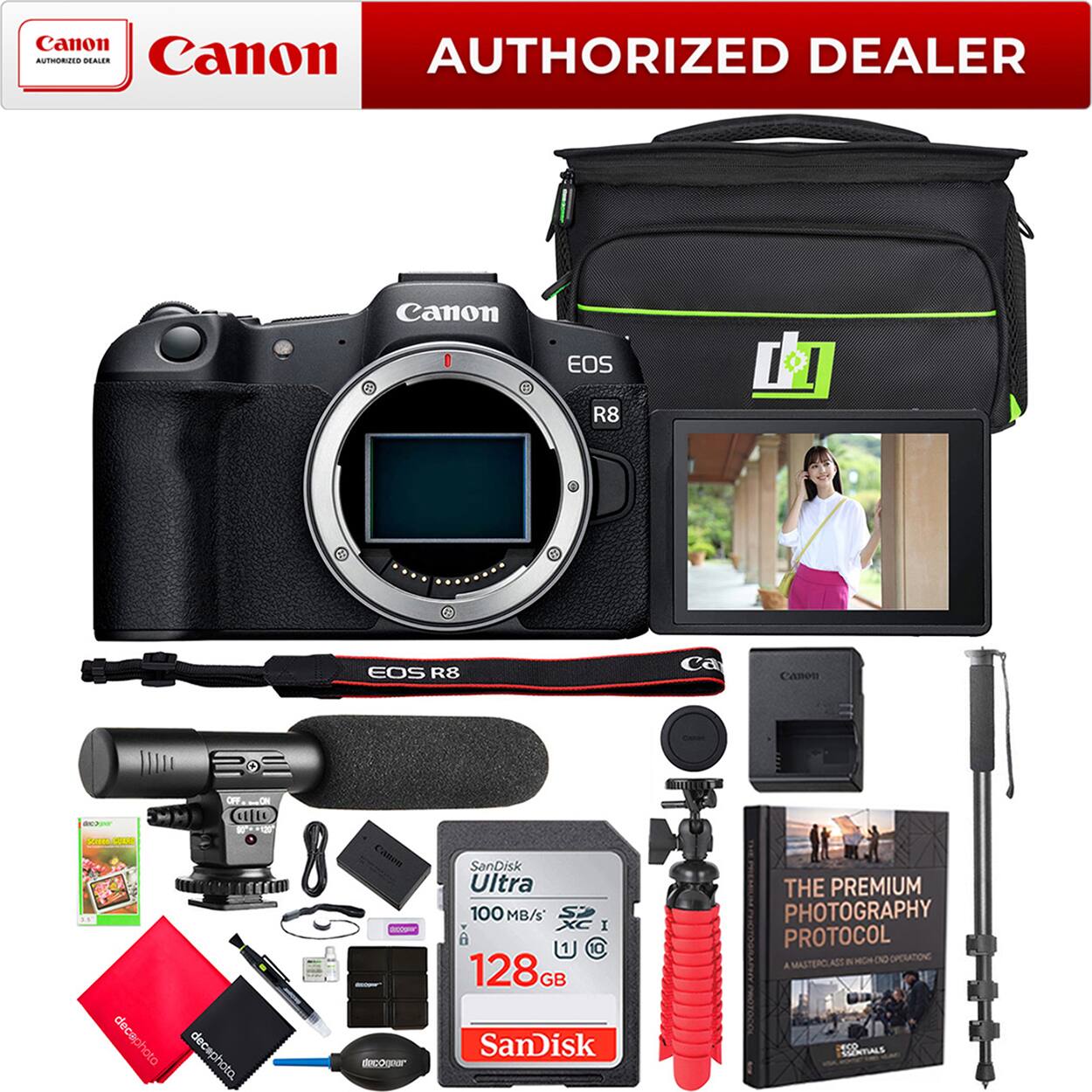 Canon AUTHORIZED DEALER

Canon

EOS R8

SanDisk Ultra 100 MB/s SDXC I 128GB

THE PREMIUM PHOTOGRAPHY PROTOCOL