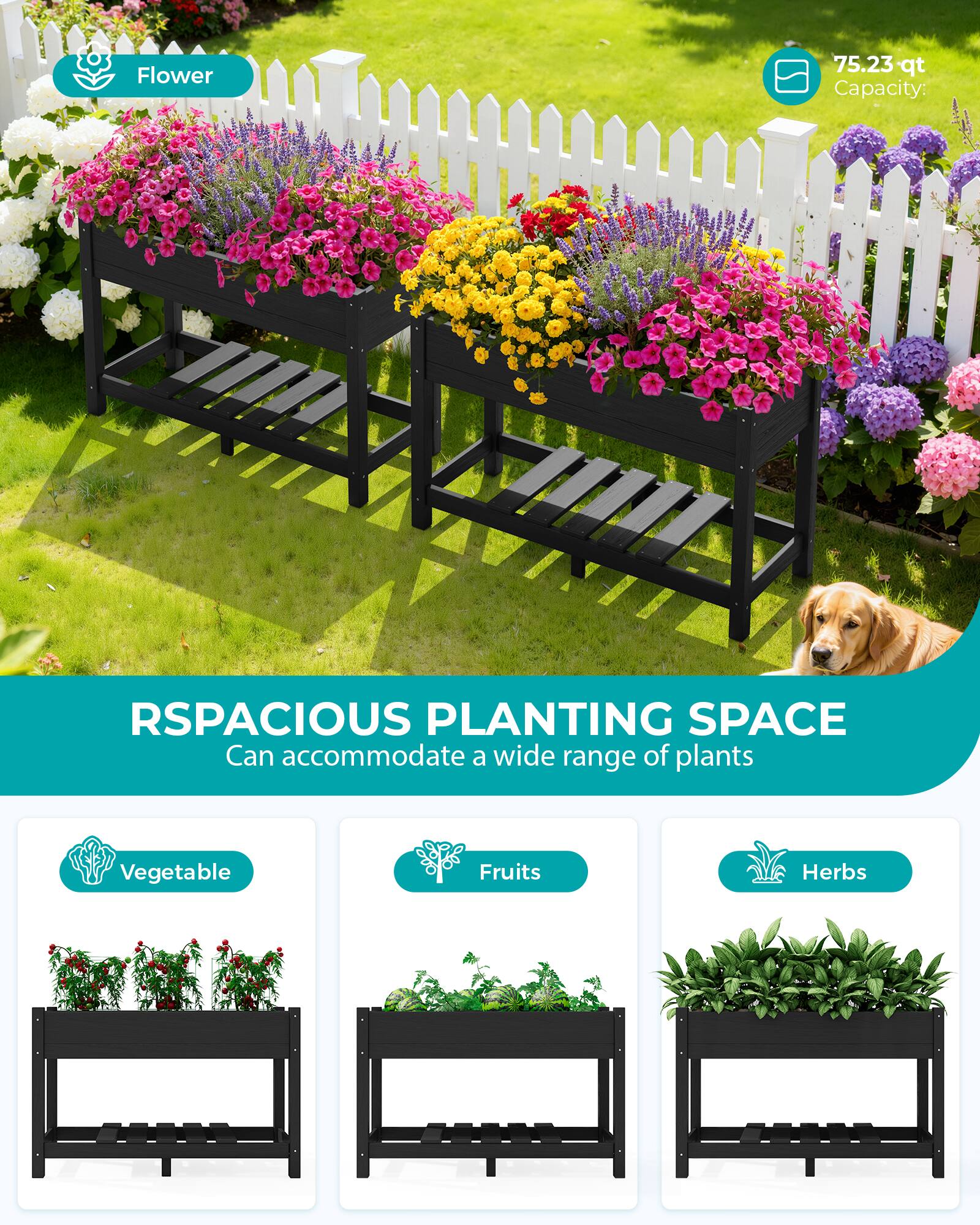 Flower  
75.23 qt Capacity:  
RSPACIOUS PLANTING SPACE  
Can accommodate a wide range of plants  
Vegetable  
Fruits  
Herbs
