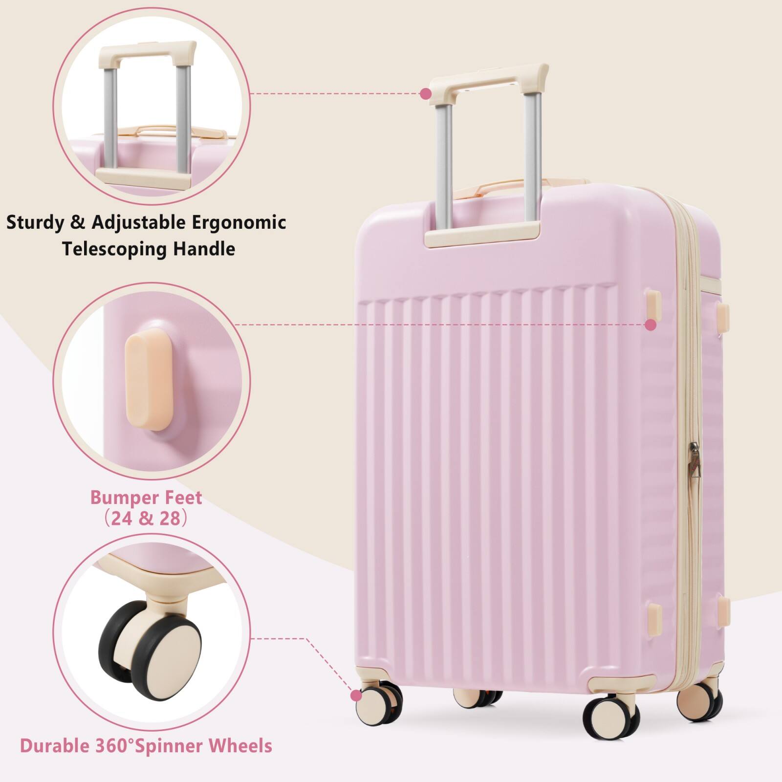 Sturdy & Adjustable Ergonomic Telescoping Handle

Bumper Feet (24 & 28)

Durable 360° Spinner Wheels