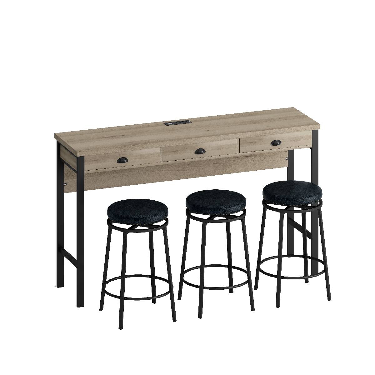 Alt View 4. Loheer - Loheer Dining Table Set With Three Stools and Tabletop Power Outlets, Brown Gray and Black - Brown Gray Table and Black Stool.
