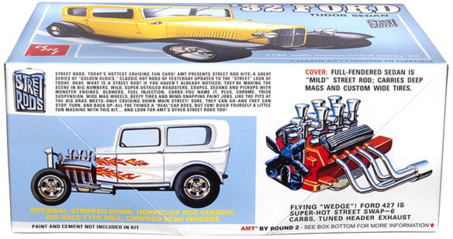 Street Rods: Today's hottest cruising fun cars! AMT presents Street Rods - a great series of "Golden Oldies" classic hot rods of yesterday updated to the "street" look of today. They're making the scene with big engines, blowers, fuel injection, carbs - you name it! Plus, big chrome, trick wheels, wild super-detailed roadsters, coupes, sedans, jobs, and pickups with big drag meets - only cruising down Main Street! Sure, they can go - and they can stop, turn, and back up - all the things a "real car" does, but fun! Build yourself a little fun machine with this kit and look for AMT's other Street Rods too!

Cover: Full-fendered sedan is "mild" street rod: carries deep mags and custom wide tires.

Flying "Wedge"! Ford 427 is super-hot street swap-6 big race-type mill, tuned header exhaust carbs.

Optional stripped-down, hopped-up rod version: big race-type mill, chopped near fenders.

Paint and cement not included in kit.

AMT by Round 2 - see box bottom for more information.
