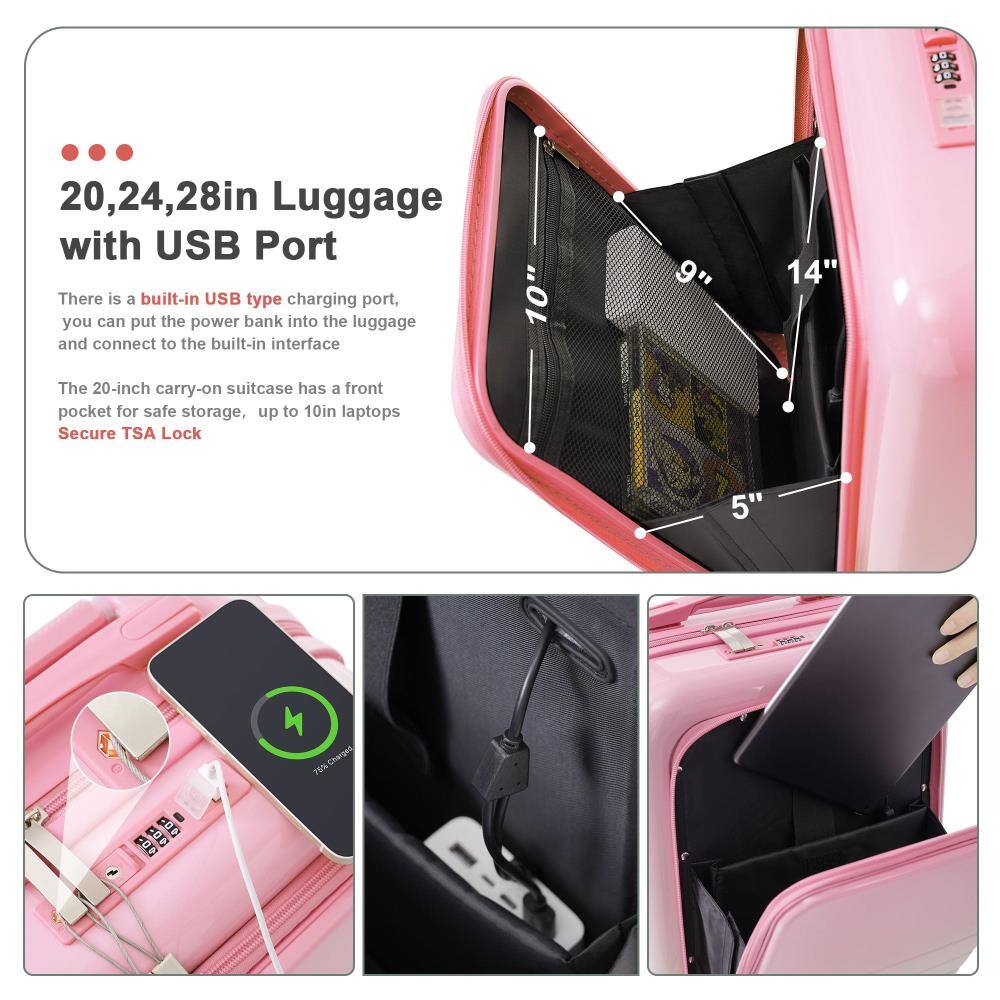 20, 24, 28in Luggage with USB Port

There is a built-in USB type charging port, you can put the power bank into the luggage and connect to the built-in interface

The 20-inch carry-on suitcase has a front pocket for safe storage, up to 10in laptops

Secure TSA Lock