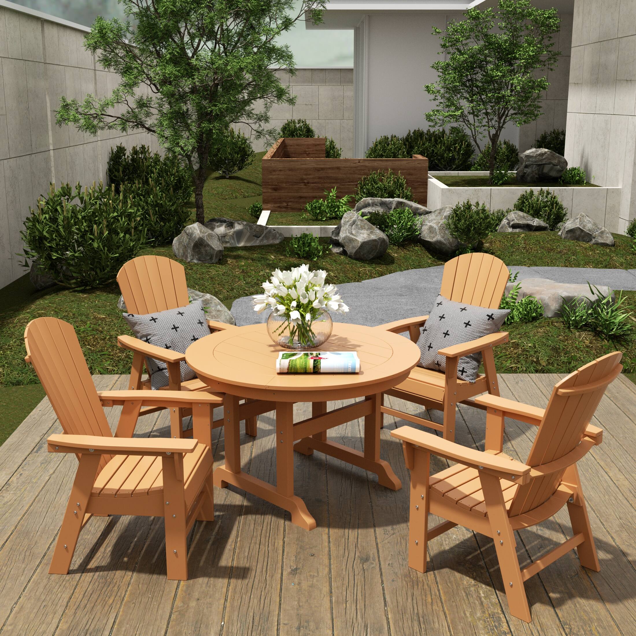 Angle. WestinTrends - WestinTrends Dylan 5 Piece Outdoor Patio Dining Round Table and Shell Back Armchair Set - Teak.
