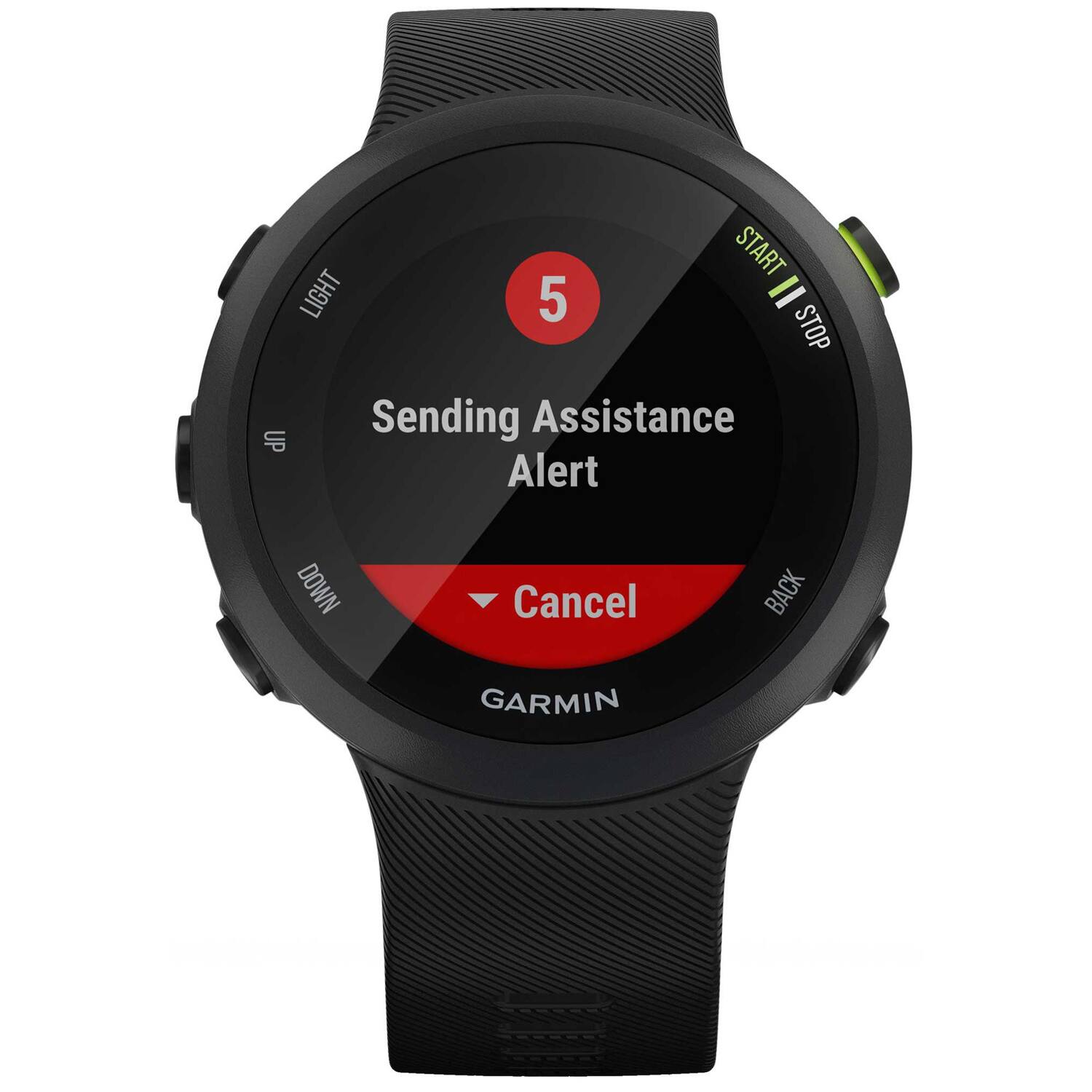 START LIGHT 5 = STOP Sending Assistance Alert DOWN Cancel BACK GARMIN