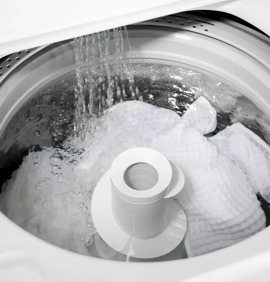 Alt View 21. GE - 4.3 Cu. Ft. High-Efficiency Top Load Washer with 5 Year Limited Parts and Labor Warranty - White with Black Stainless Steel.