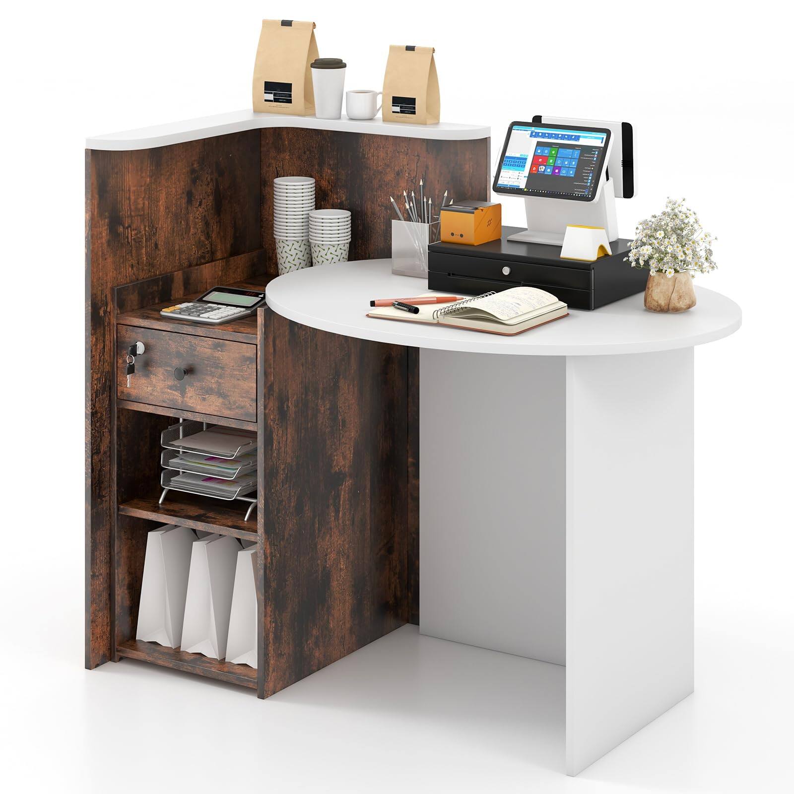 Alt View 8. Ecooso - Reception Desk Counter with Open Shelf and Drawer, Front Office Workstation - Rustic Brown and White.