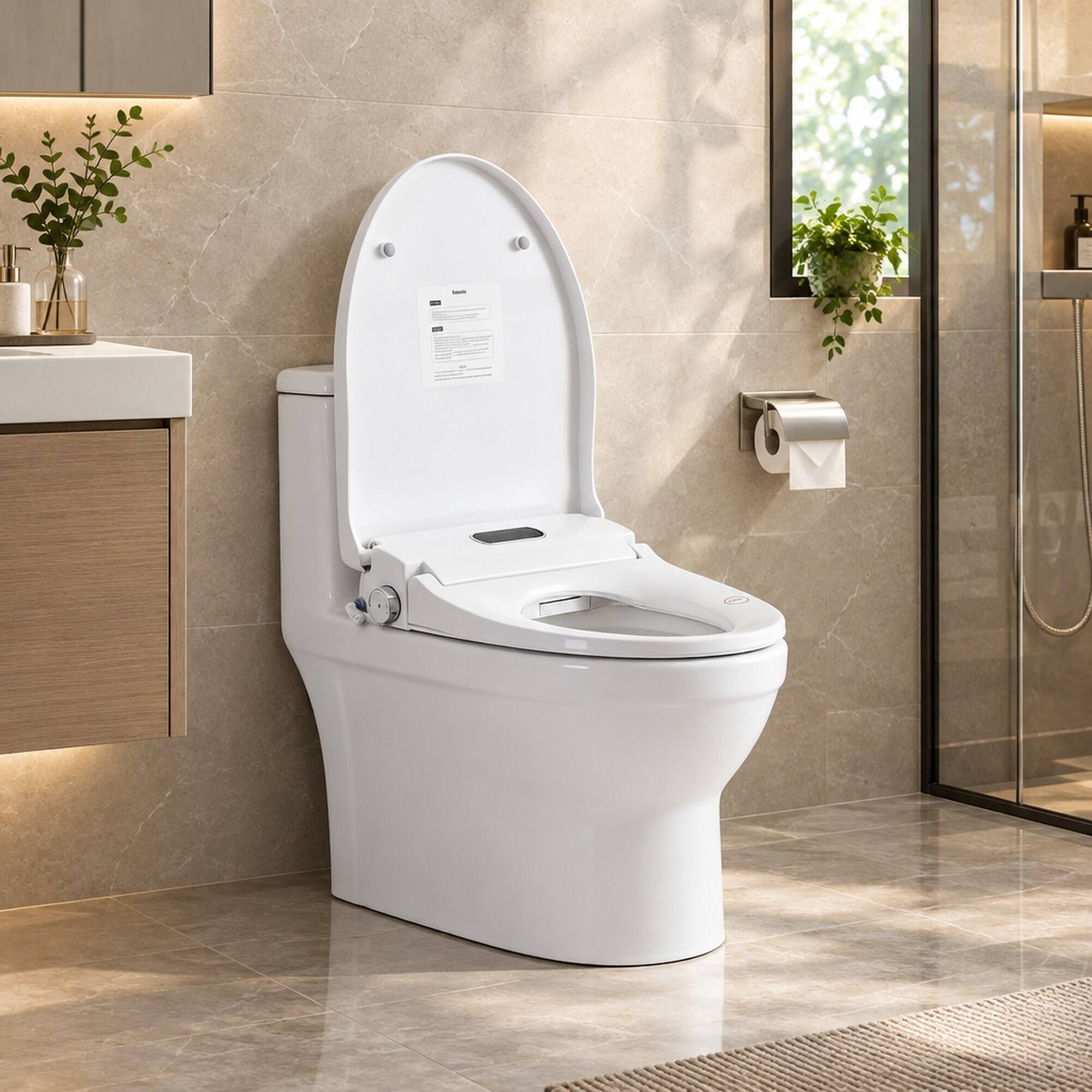 Left. RYHNUYNE - Smart Bidet Toilet Seat, Side Knob Heated Seat Water Temperature and Pressure Adjustment Auto Open and Close Night Light - White.