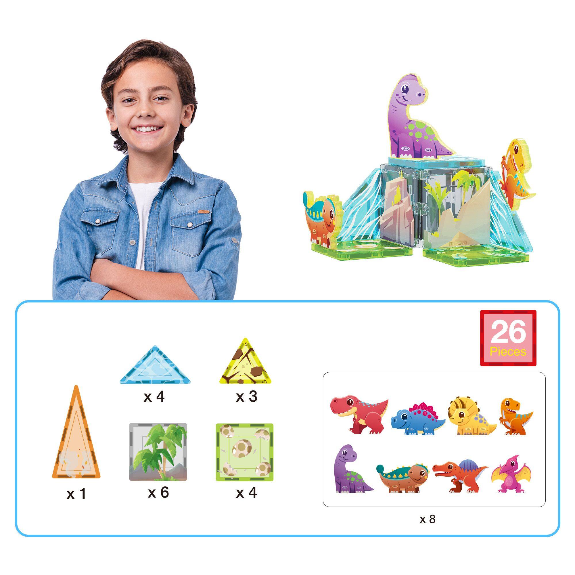 Alt View 2. PicassoTiles - PICASSO-TILES Magnetic Tiles for Kids, 26PCS Dinosaur Theme, Construction STEM Building Blocks Educational Toy - Multicolor.