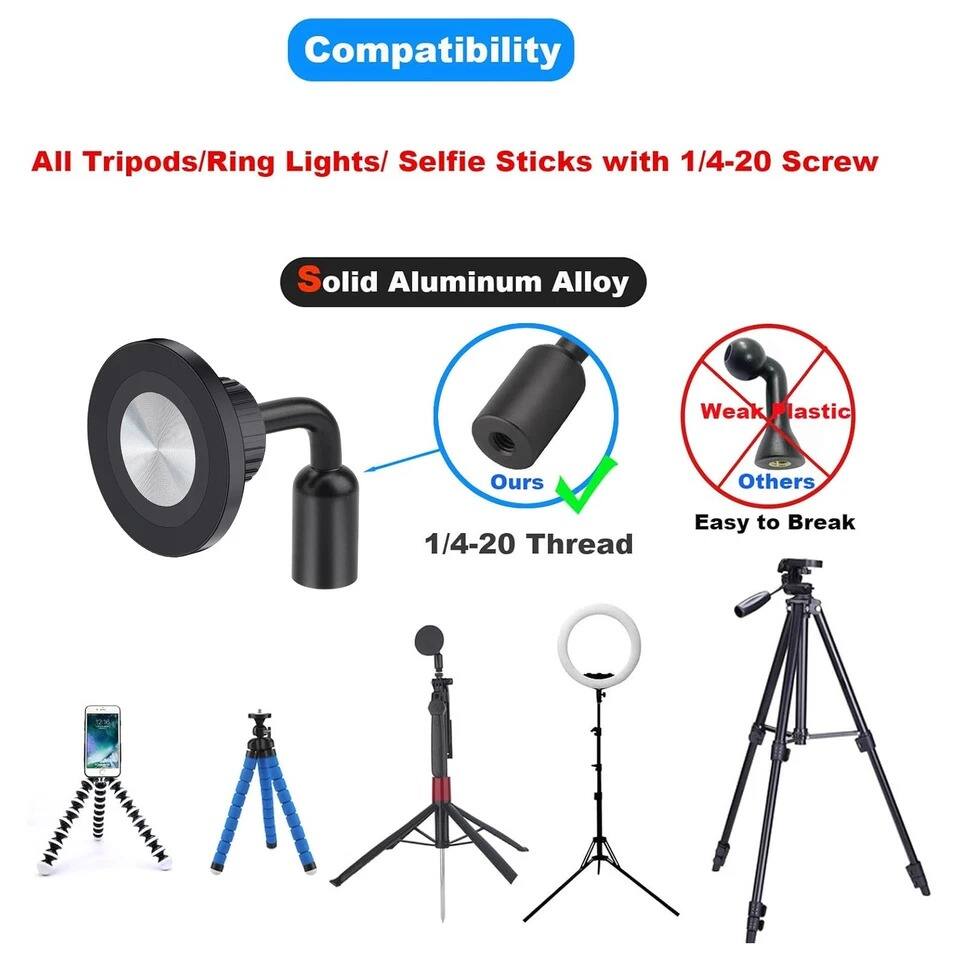 Compatibility

All Tripods/Ring Lights/Selfie Sticks with 1/4-20 Screw

Solid Aluminum Alloy

1/4-20 Thread

Ours ✔️

Others ❌

Weak Plastic

Easy to Break