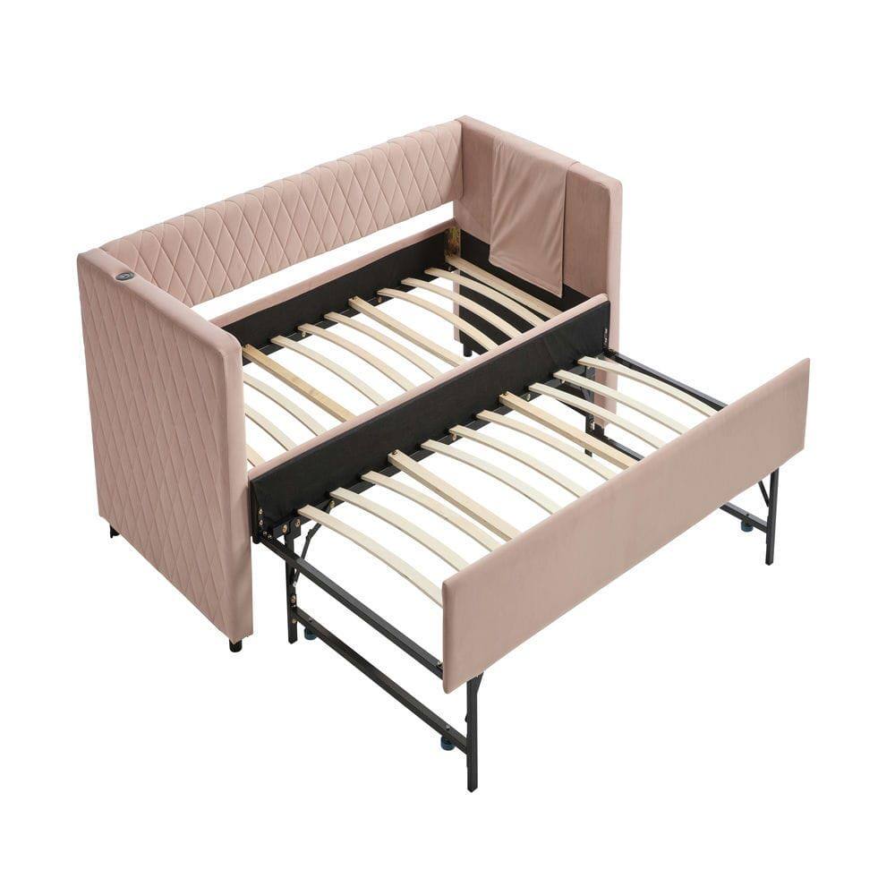 Alt View 1. Kadyn - Velvet Daybed with Sturdy Wood Frame, Modern Diamond Grid Pull-Out Design for Bedroom Living Room - Pink.