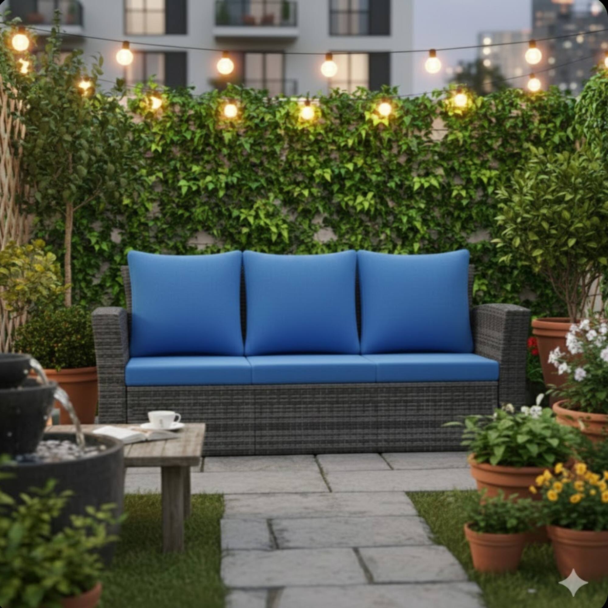 Left. Mondawe - 67.7" All-Weather Wicker 3-Seat Patio Sofa with Thick Cushions & Black Frame - Blue.