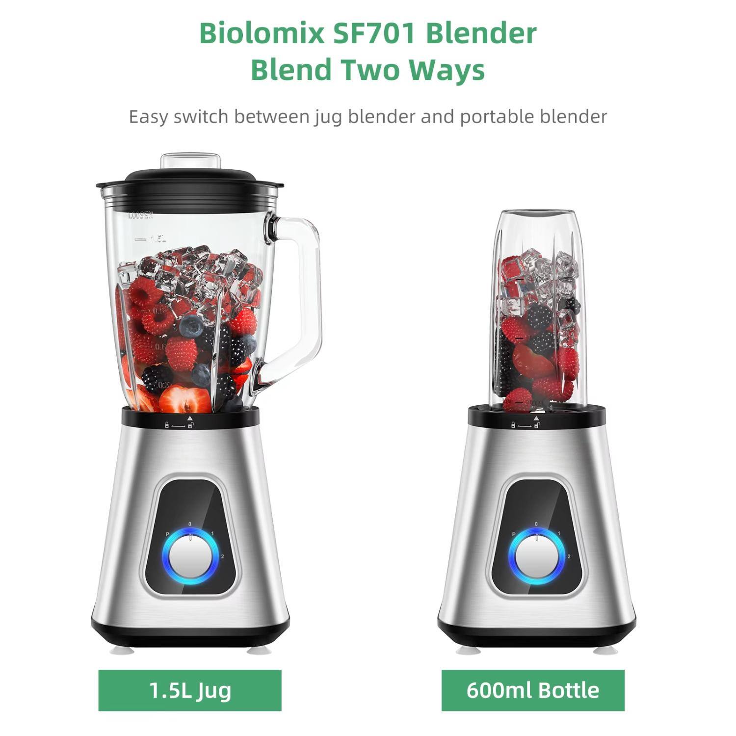 Biolomix SF701 Blender  
Blend Two Ways  

Easy switch between jug blender and portable blender  

1.5L Jug  
600ml Bottle