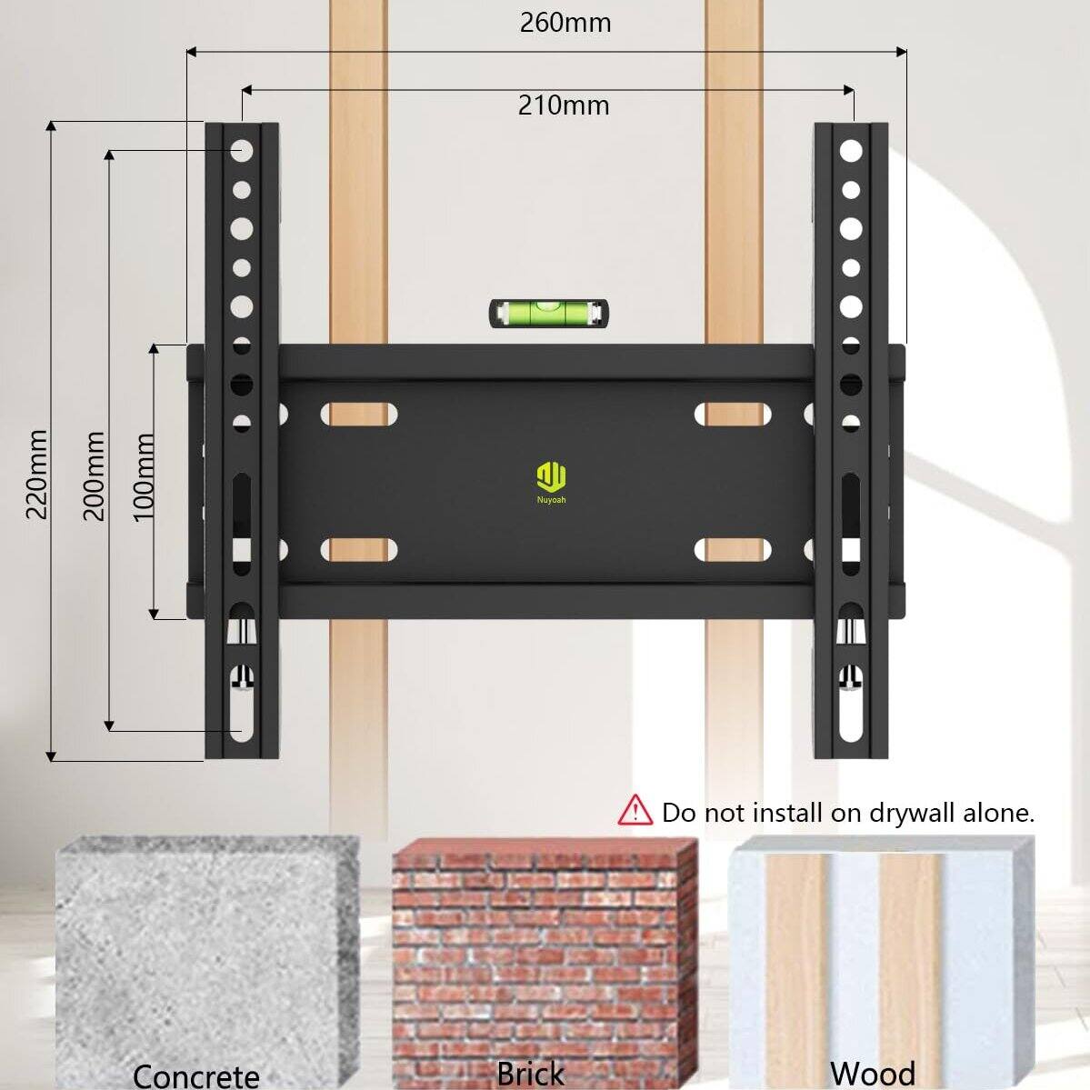 260mm  
210mm  
220mm  
200mm  
100mm  

Nuyoah!  
Do not install on drywall alone.  

Concrete  
Brick  
Wood