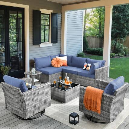 Front. Ovios - 8 PCS Patio Furniture Set Outdoor Sectional Sofa with Swivel Chairs & Coffee Table - Denim Blue.