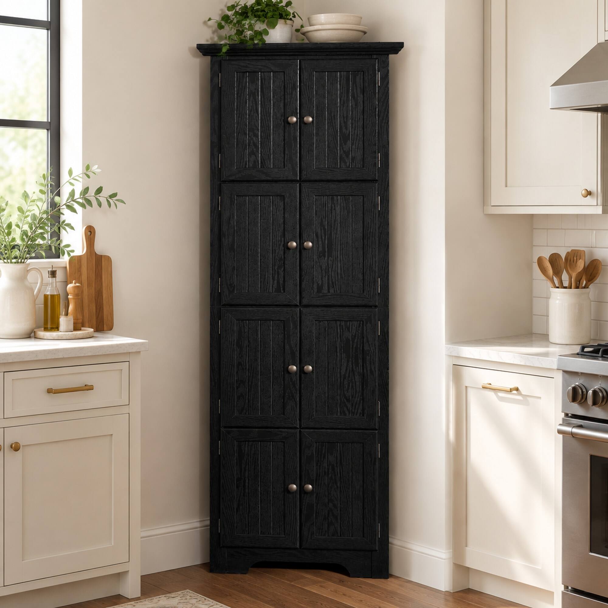 Front. RYHNUYNE - 72 Inch 4-Tier Corner Kitchen Pantry Cabinet with Adjustable Shelves, 8 Doors, Freestanding for Bathroom, Black - Black.