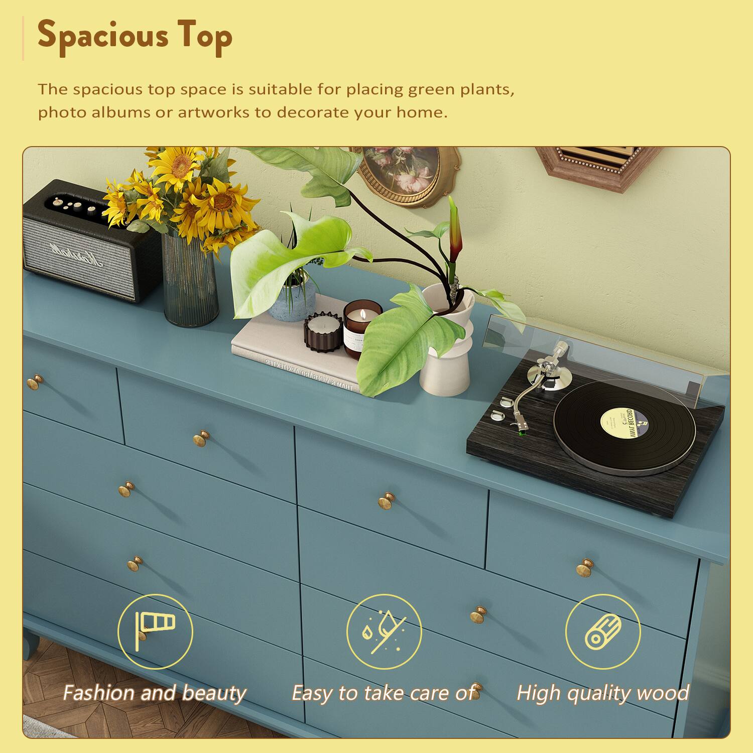 The spacious top space on the blue dresser is suitable for placing green plants, photo albums, or artworks to decorate your home. The dresser is made of high-quality wood and is easy to take care of, making it a great addition to your home.