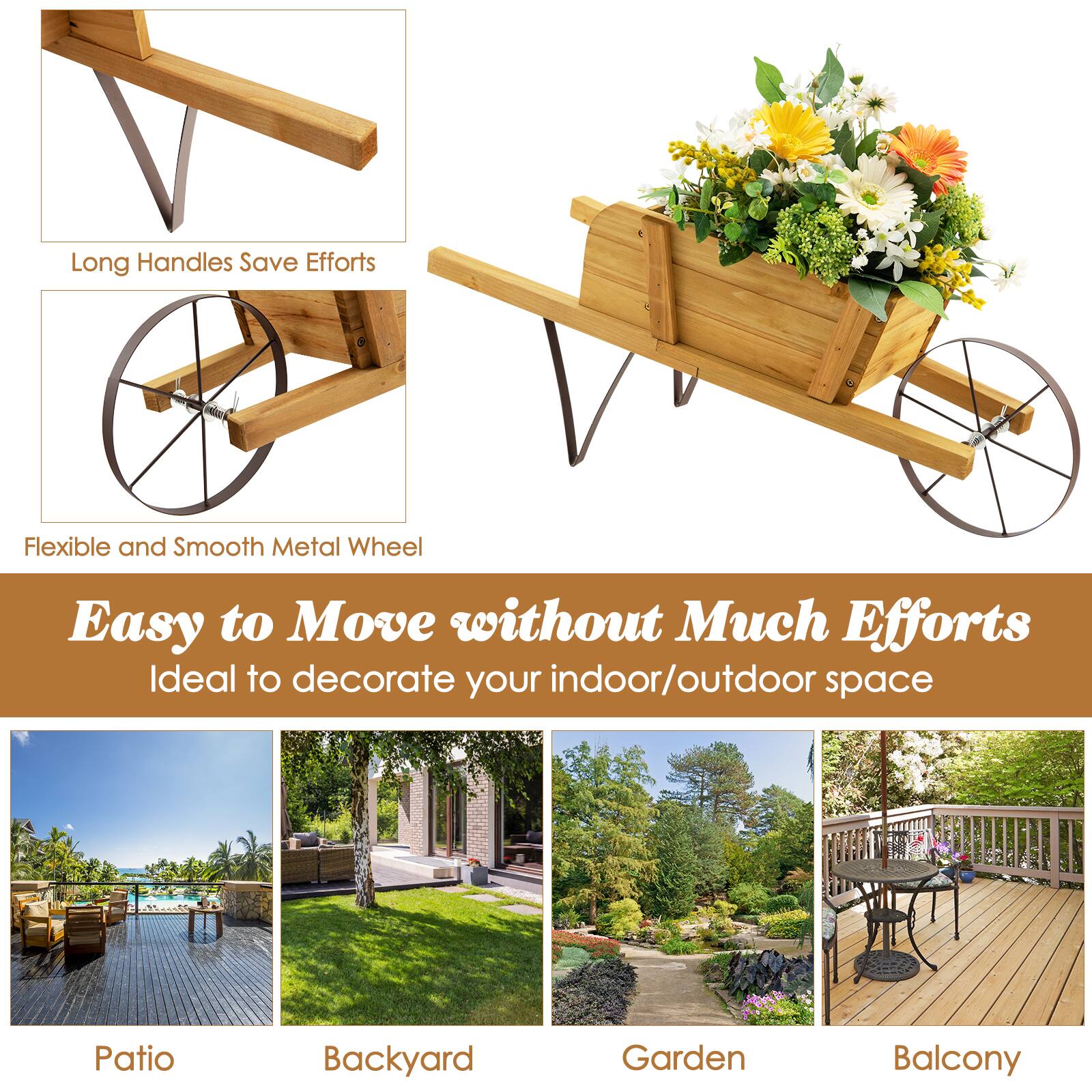 The text on the image is grouped and corrected as follows:

1. Long Handles Save Efforts
2. Flexible and Smooth Metal Wheel
3. Easy to Move without Much Efforts
4. Ideal to Decorate Your Indoor/Outdoor Space
5. Patio
6. Backyard
7. Garden
8. Balcony