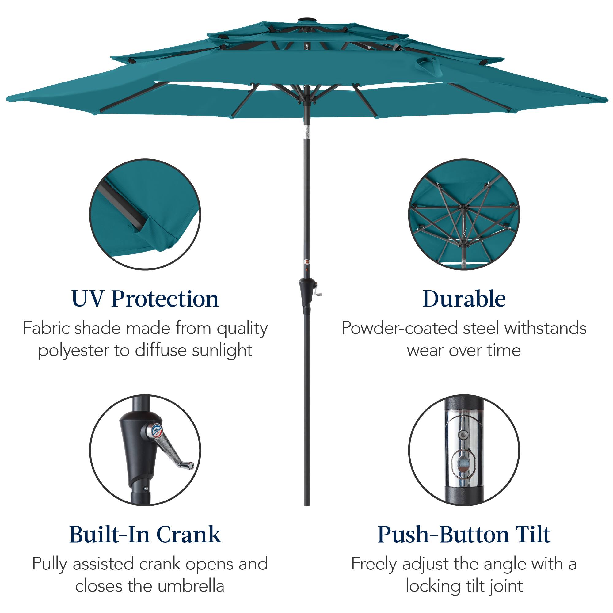 UV Protection Fabric shade made from quality polyester to diffuse sunlight. Durable Powder-coated steel withstands wear over time. Built-In Crank: Pulley-assisted crank opens and closes the umbrella. Push-Button Tilt: Freely adjust the angle with a locking tilt joint.