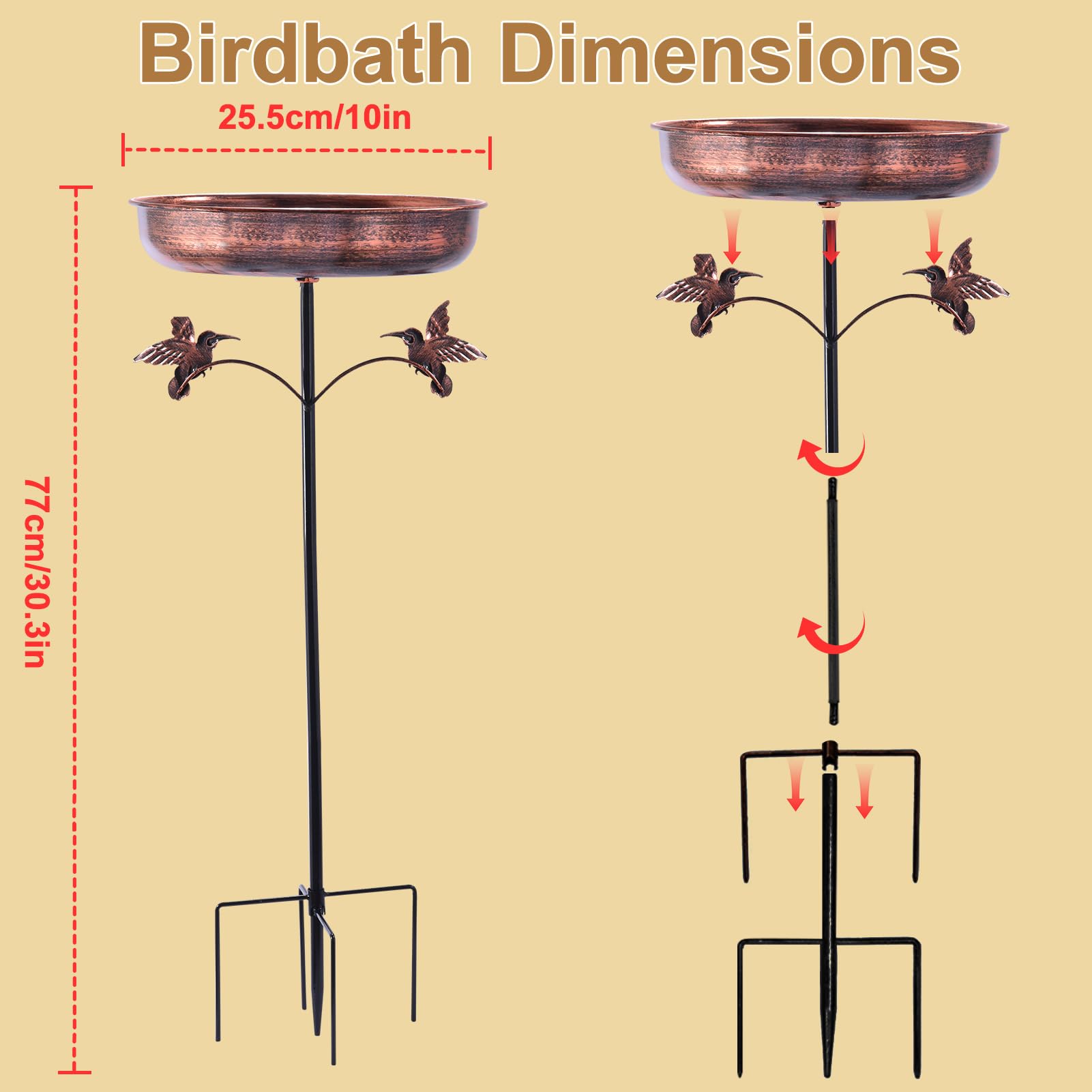 Birdbath Dimensions  
25.5cm/10in  
77cm/30.3in
